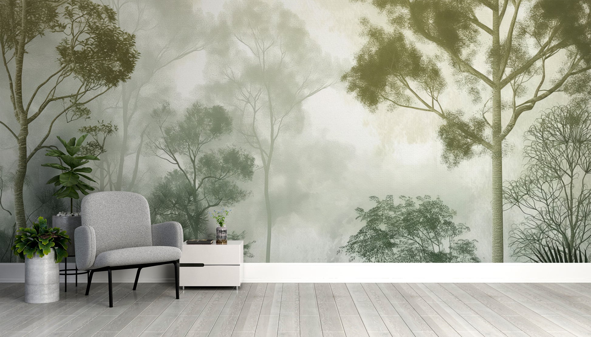 Serene woodland scene wallpaper with soft hues
