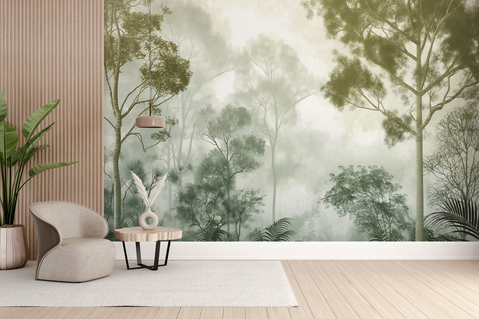 Botanical misty forest wallpaper mural for interiors
