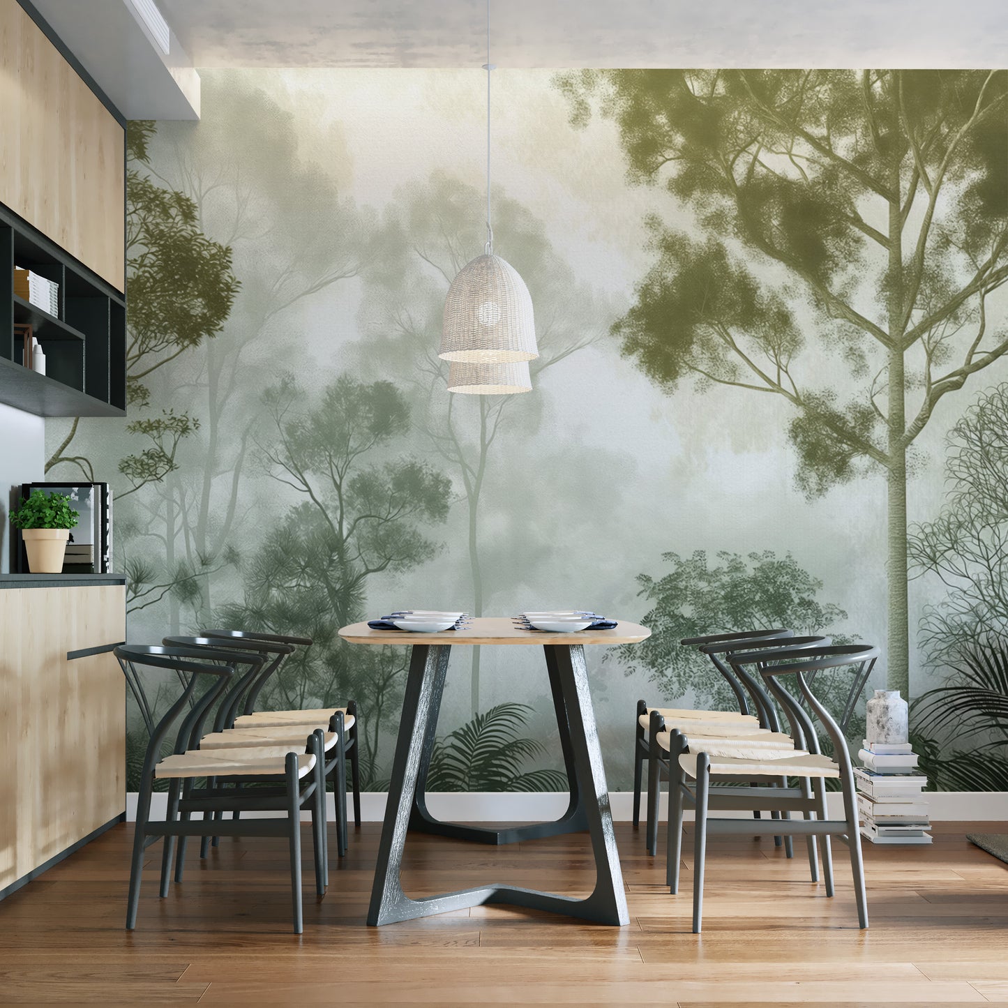 Tropical rainforest mural with foggy forest details
