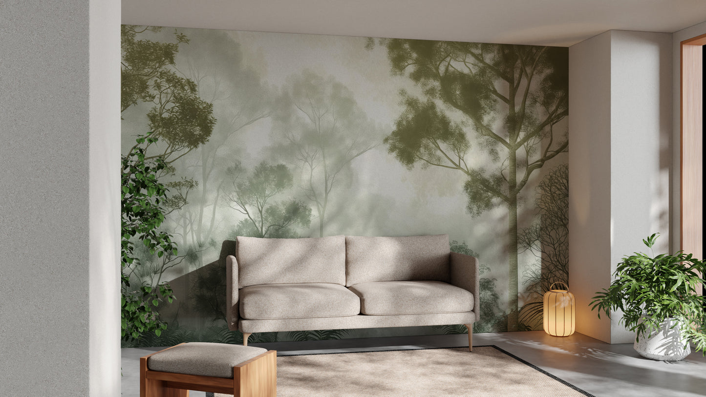 Misty Green Forest Wallpaper Mural