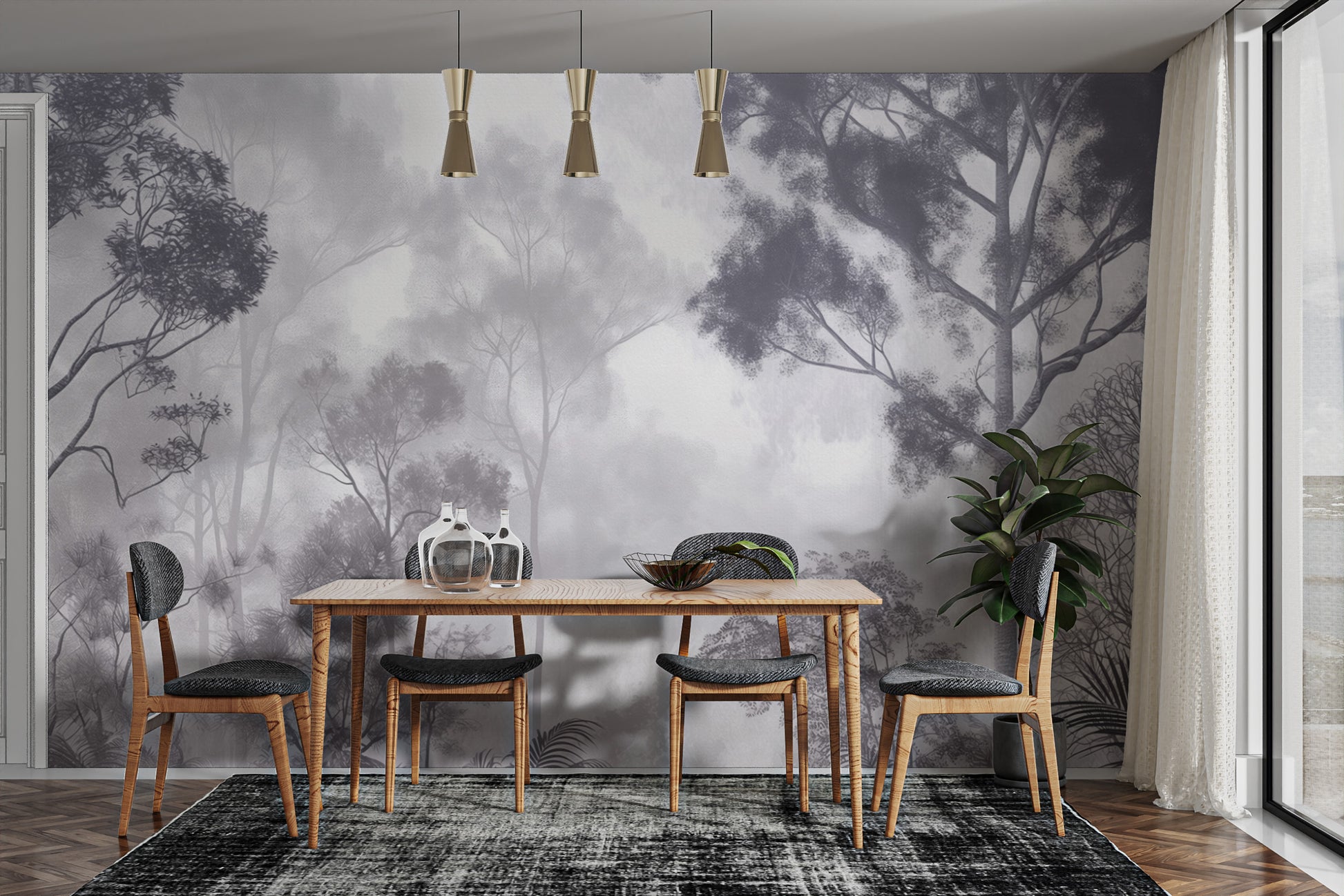 Elegant Black and White Forest Mural with Depth
