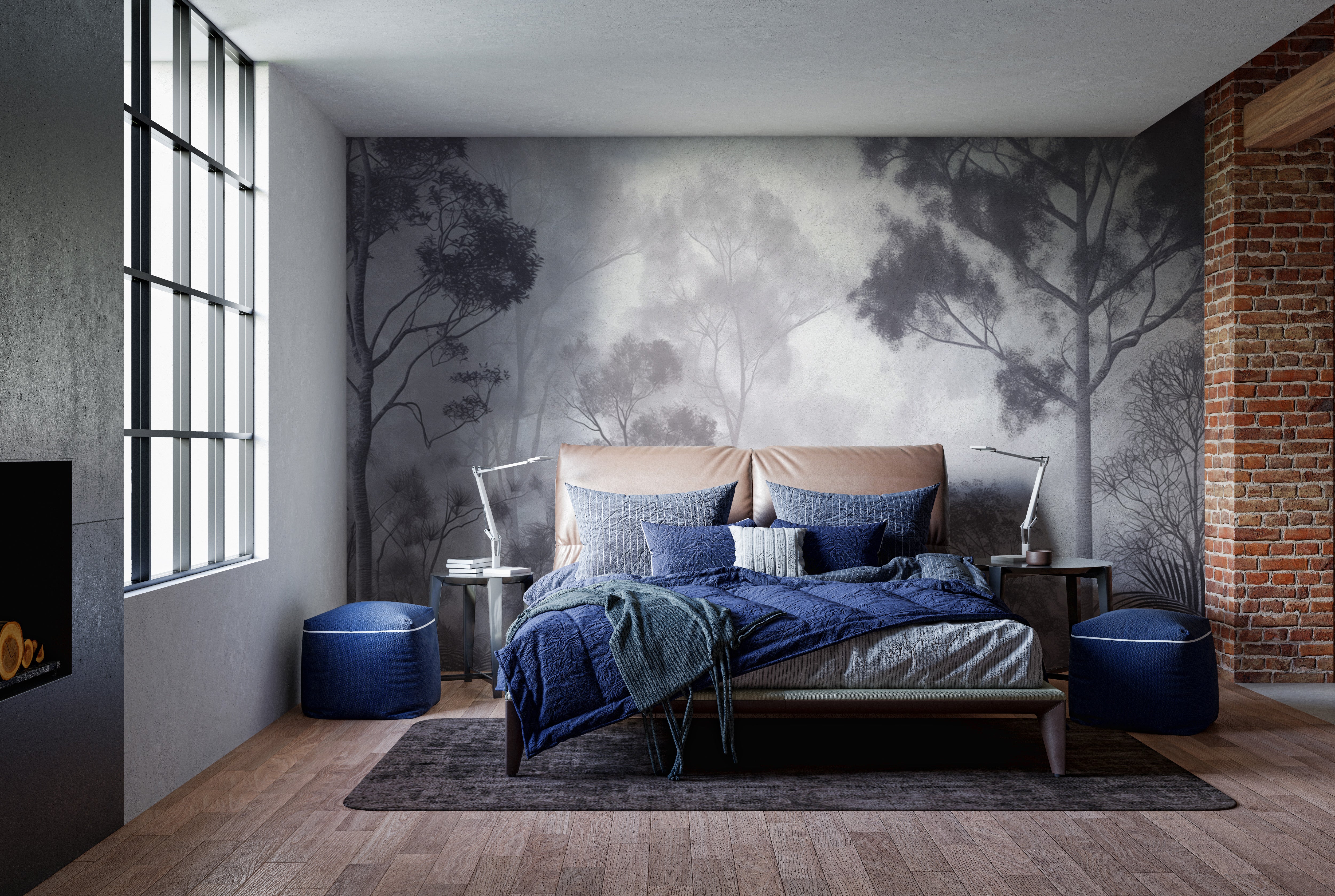 Scenic Foggy Woodland Wall Mural in Monochrome
