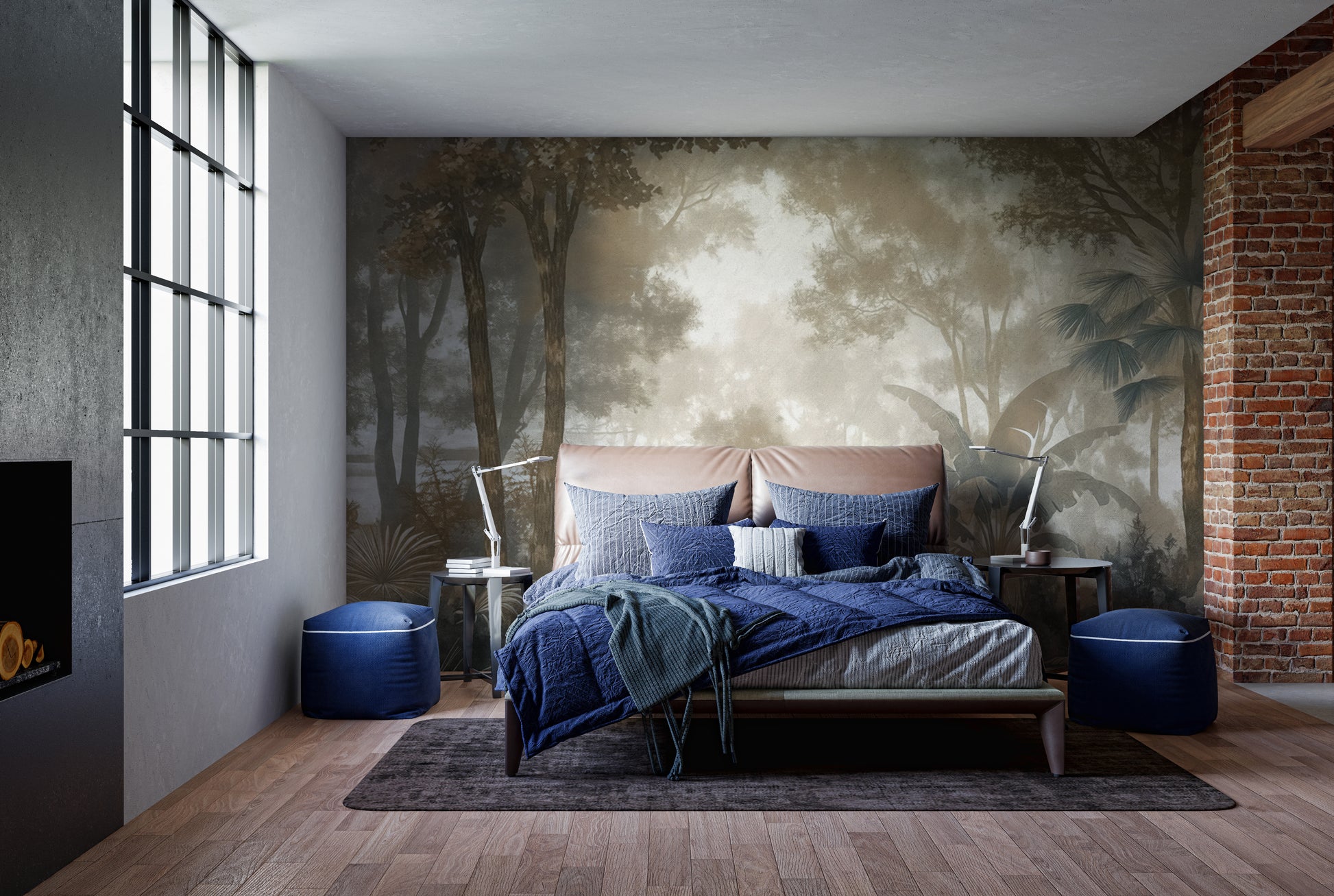 Foggy forest wallpaper mural in earthy tones
