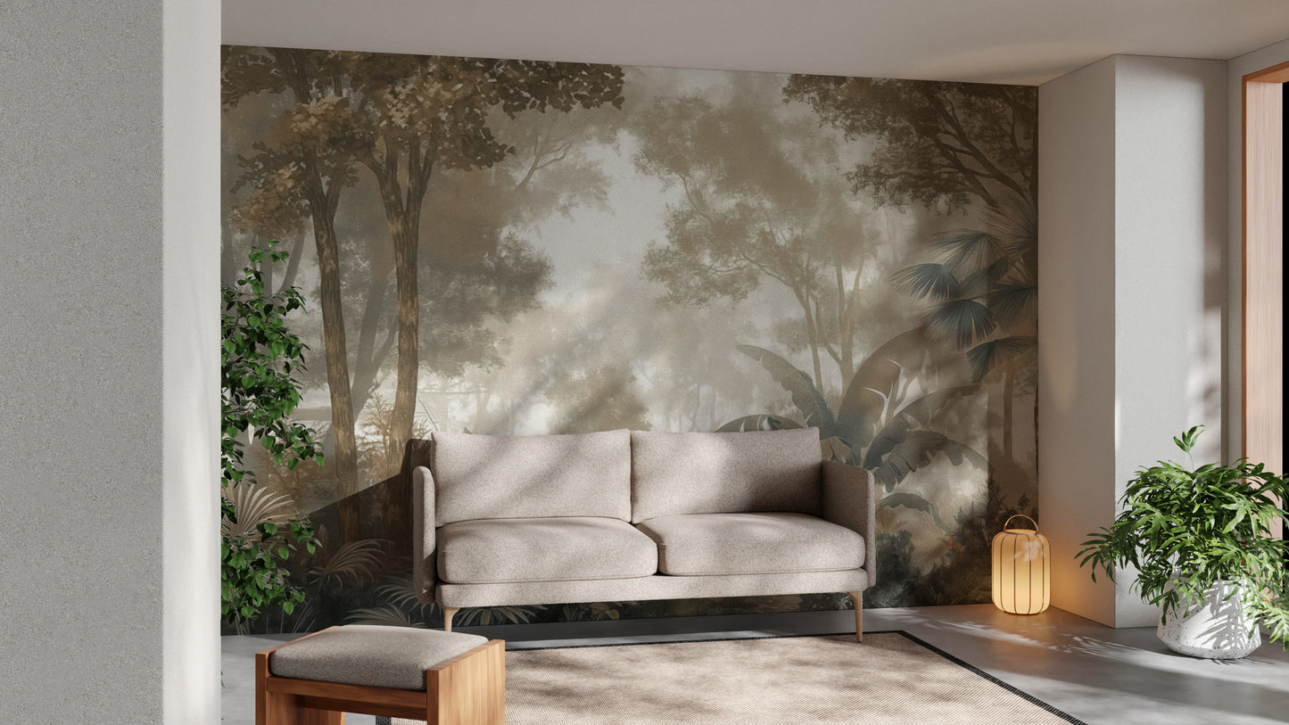 Tropical jungle wallpaper with soft mist and foliage
