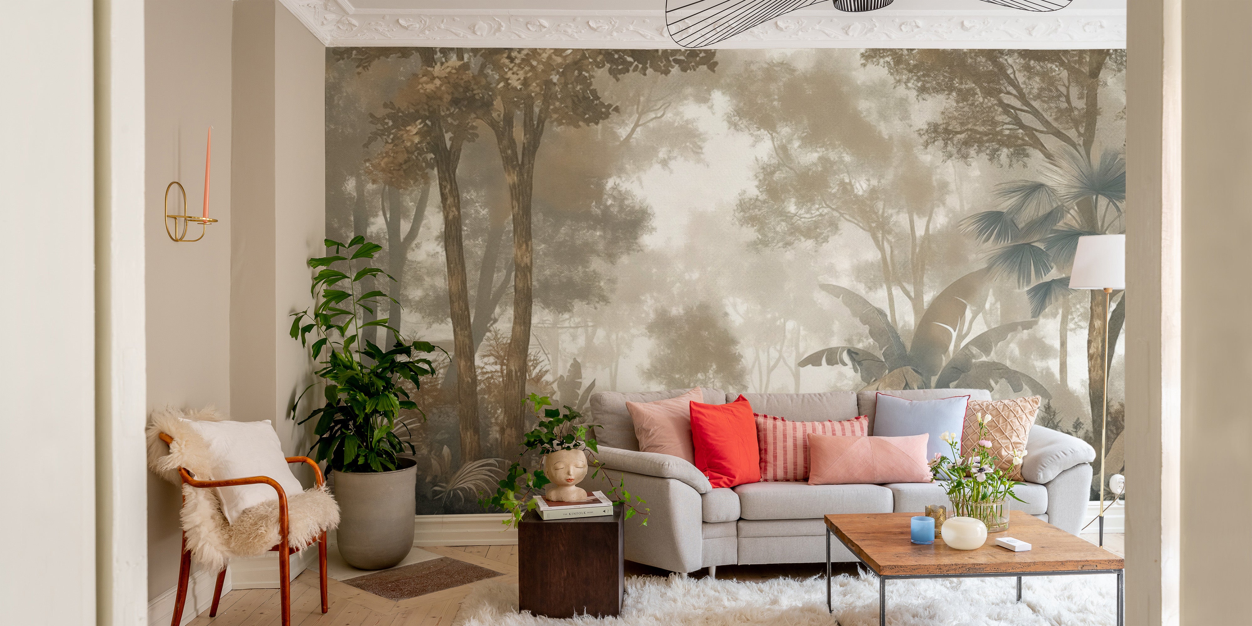 Vintage forest wall mural with misty rainforest view
