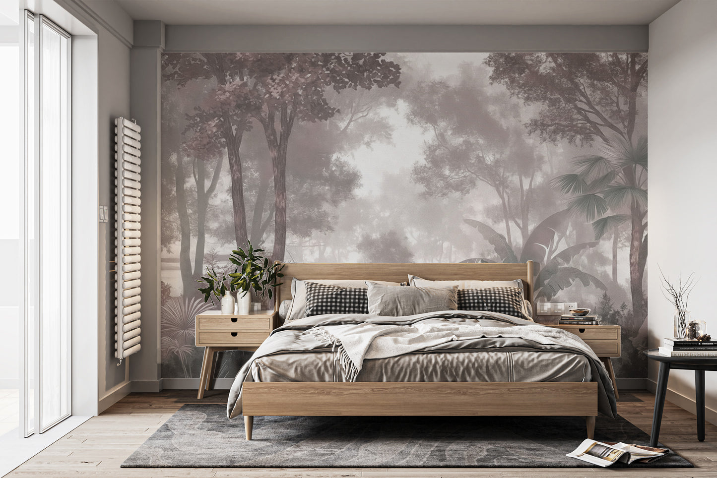 Nature-inspired Misty Forest Wall Mural with muted hues
