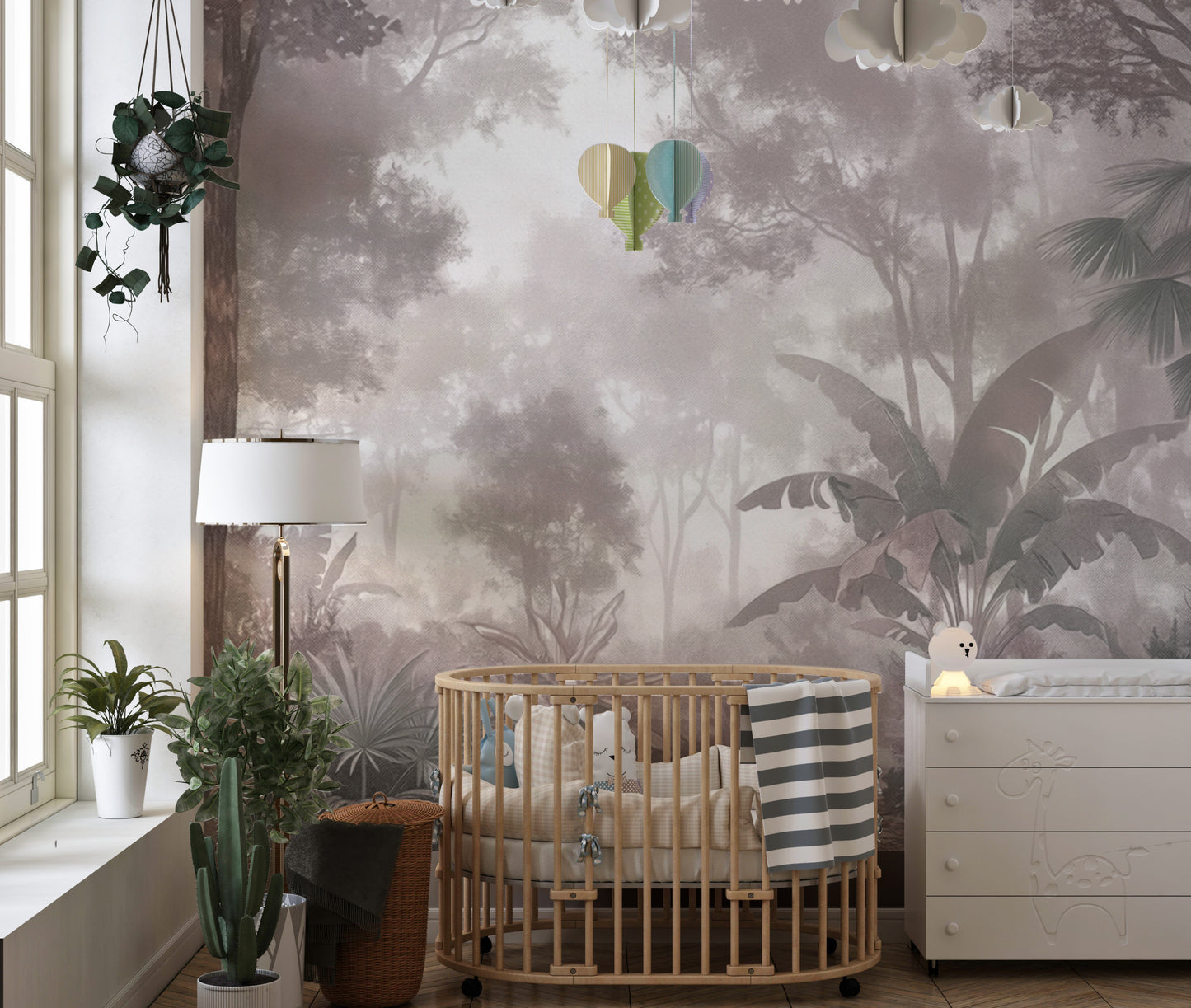 Foggy Jungle Wall Mural with layered trees and foliage
