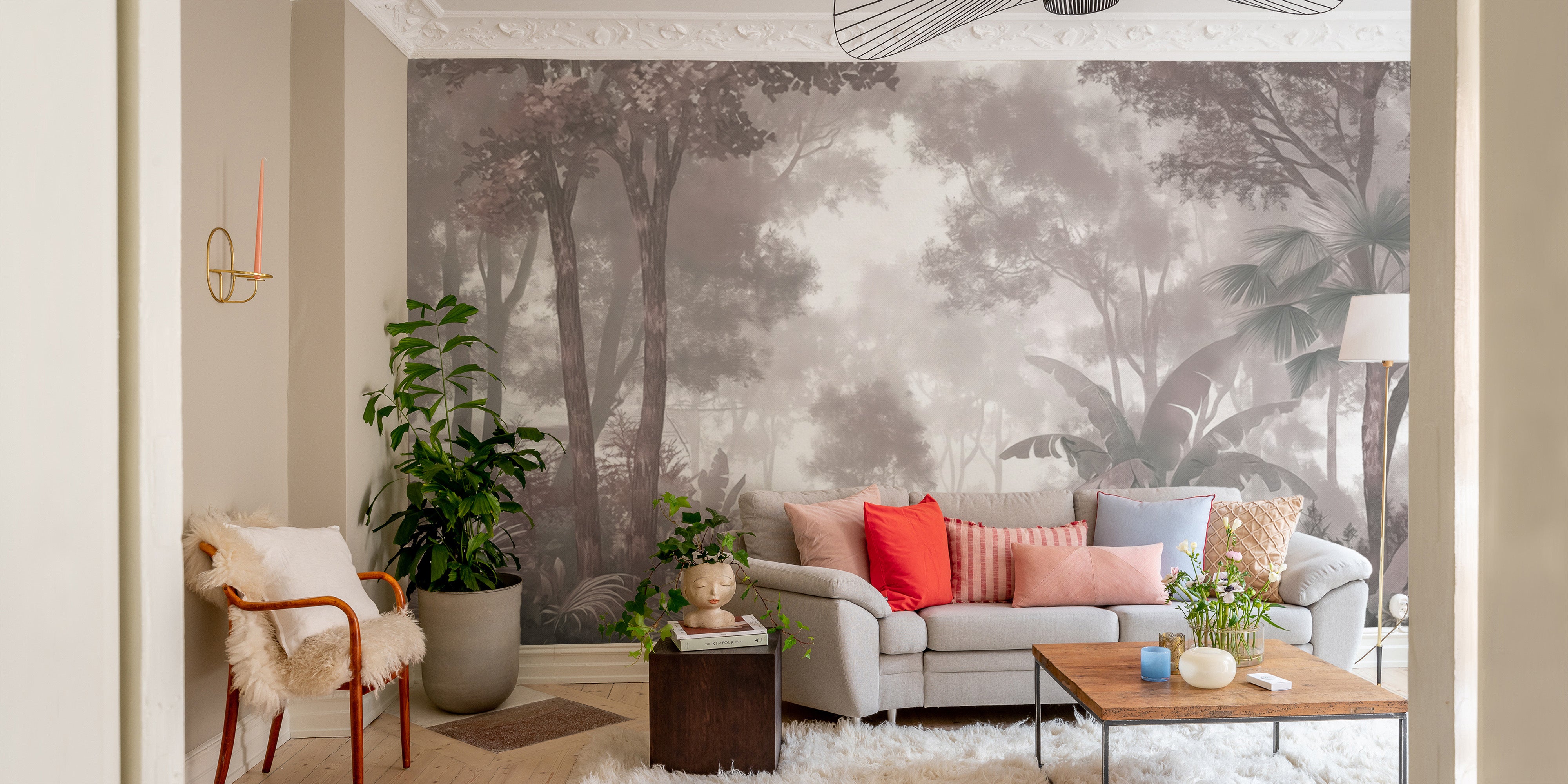 Monochrome Jungle Mural featuring misty tropical scenery
