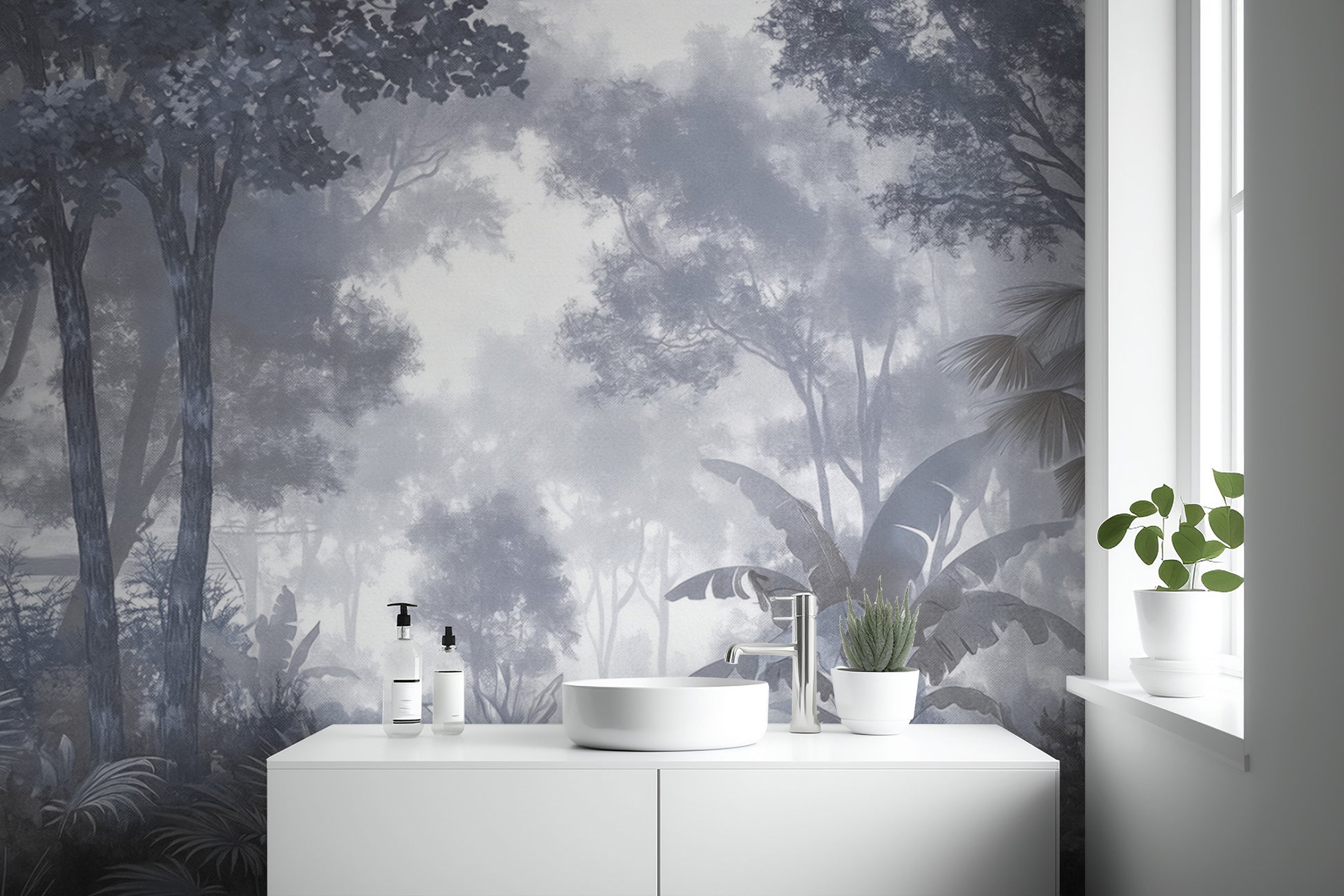 Foggy jungle wall mural with lush tropical foliage
