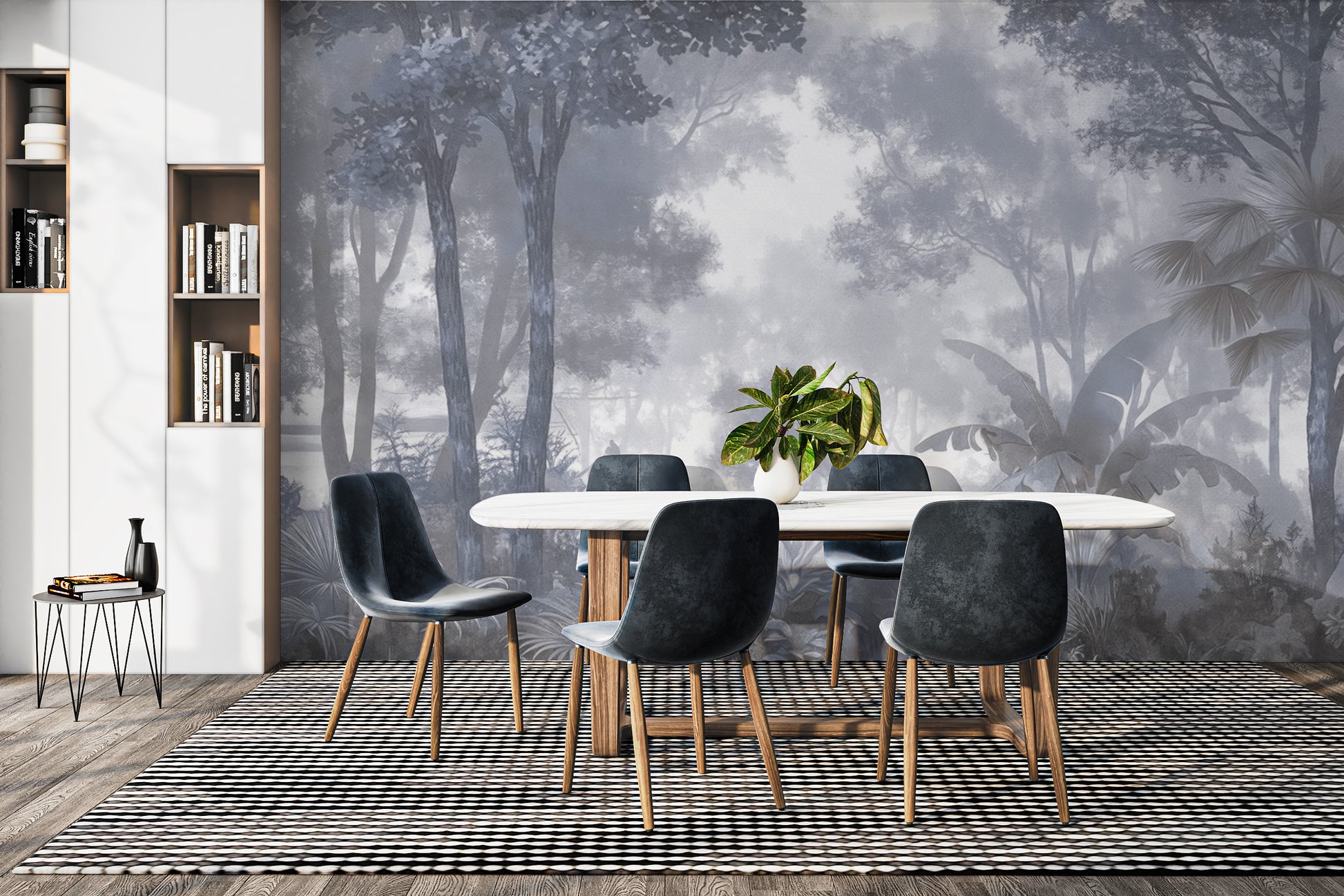 Jungle fog wallpaper mural with layered mist effect
