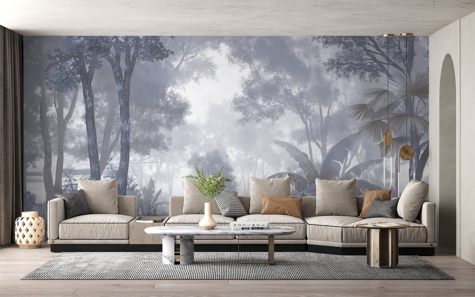 Gray botanical wallpaper mural with tropical leaves
