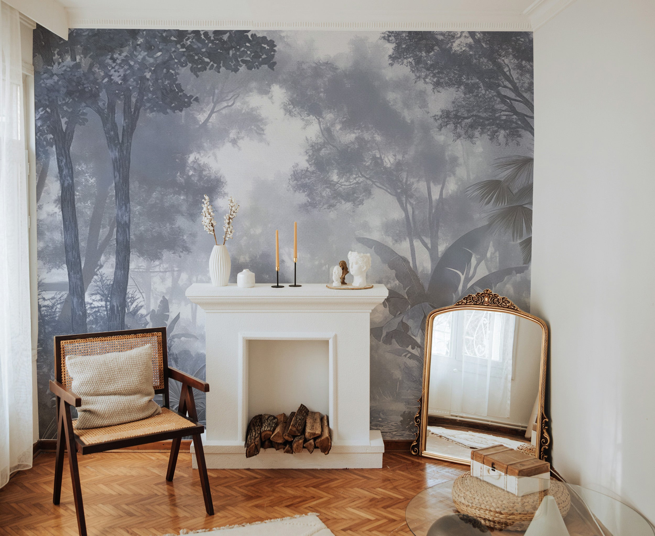 Nature-inspired misty forest wall mural with depth
