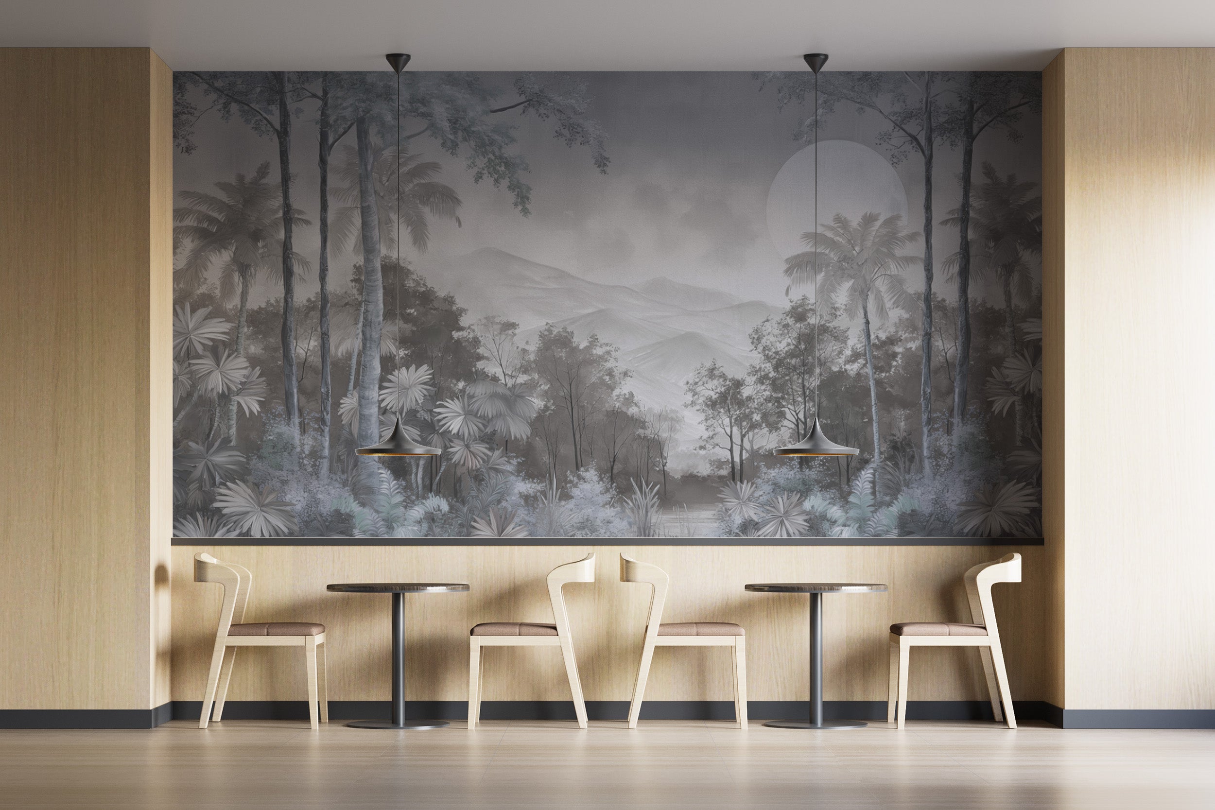 Nature-inspired mountain and jungle wallpaper design
