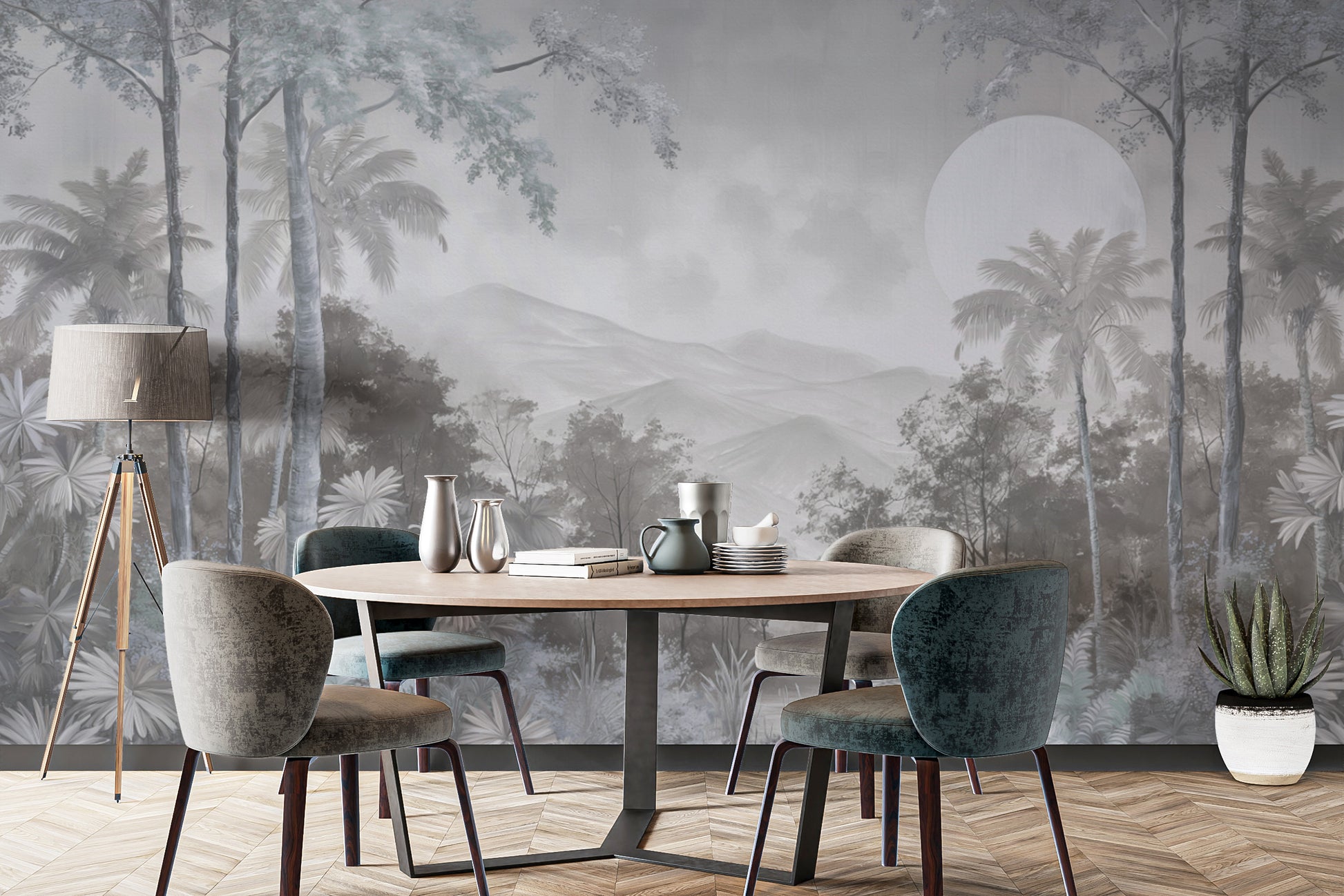 Misty Moonlit Jungle Wallpaper Mural with lush greenery
