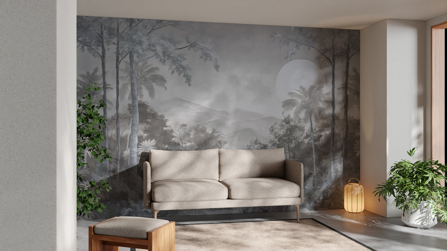 Grayscale tropical wall decor for a serene atmosphere
