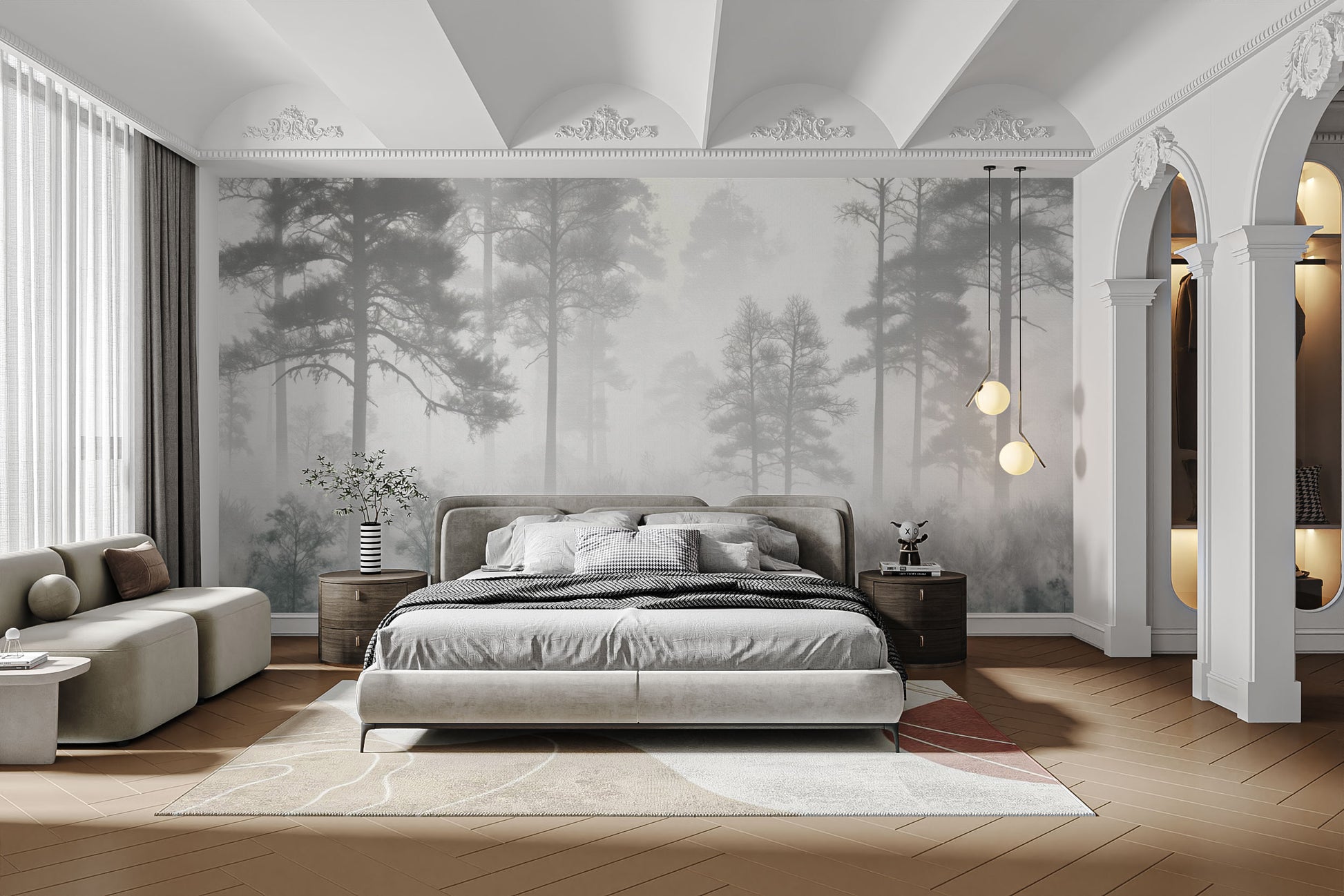 Calming misty pine trees wall mural for home interiors
