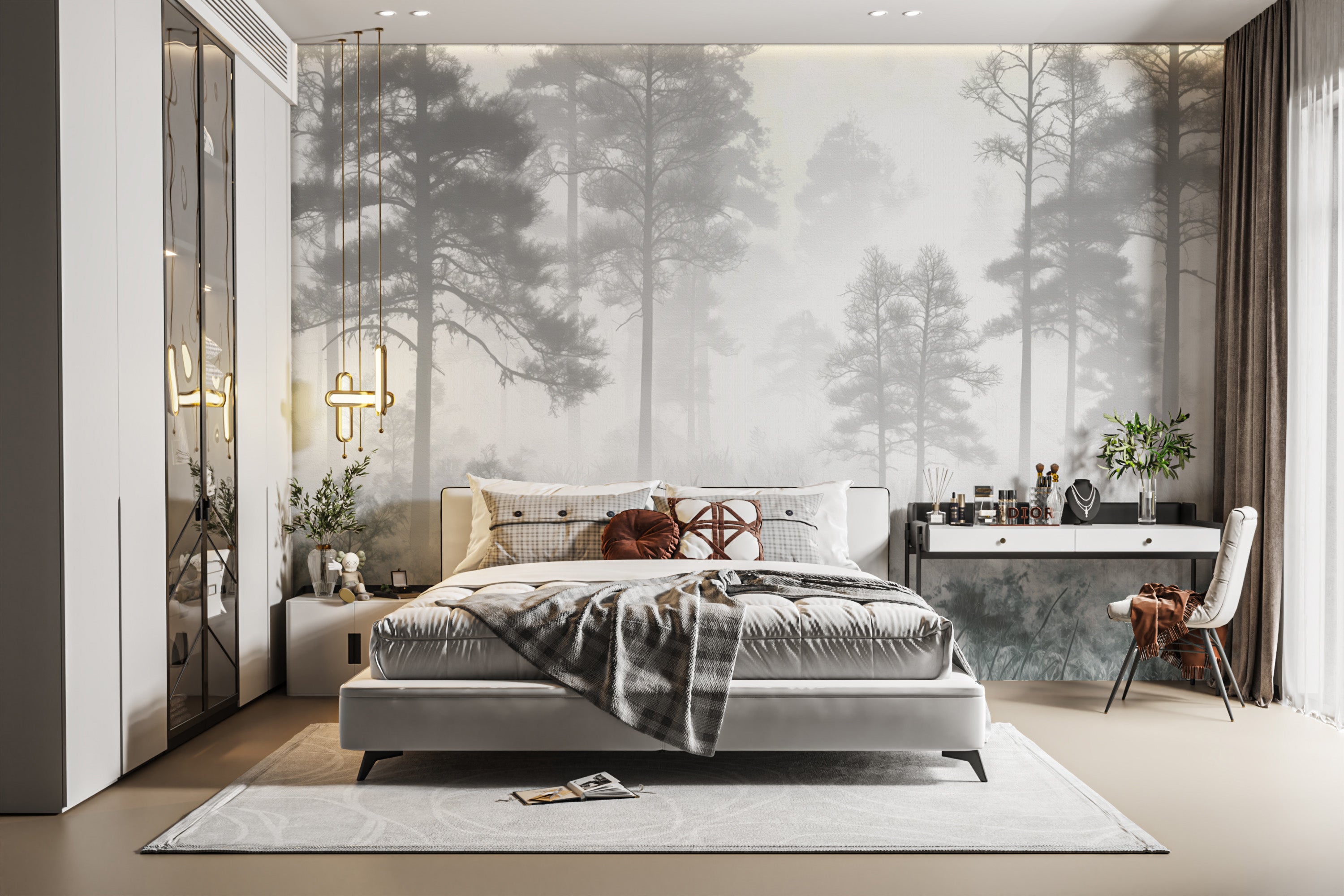 Dense fog forest wallpaper mural with peaceful scenery
