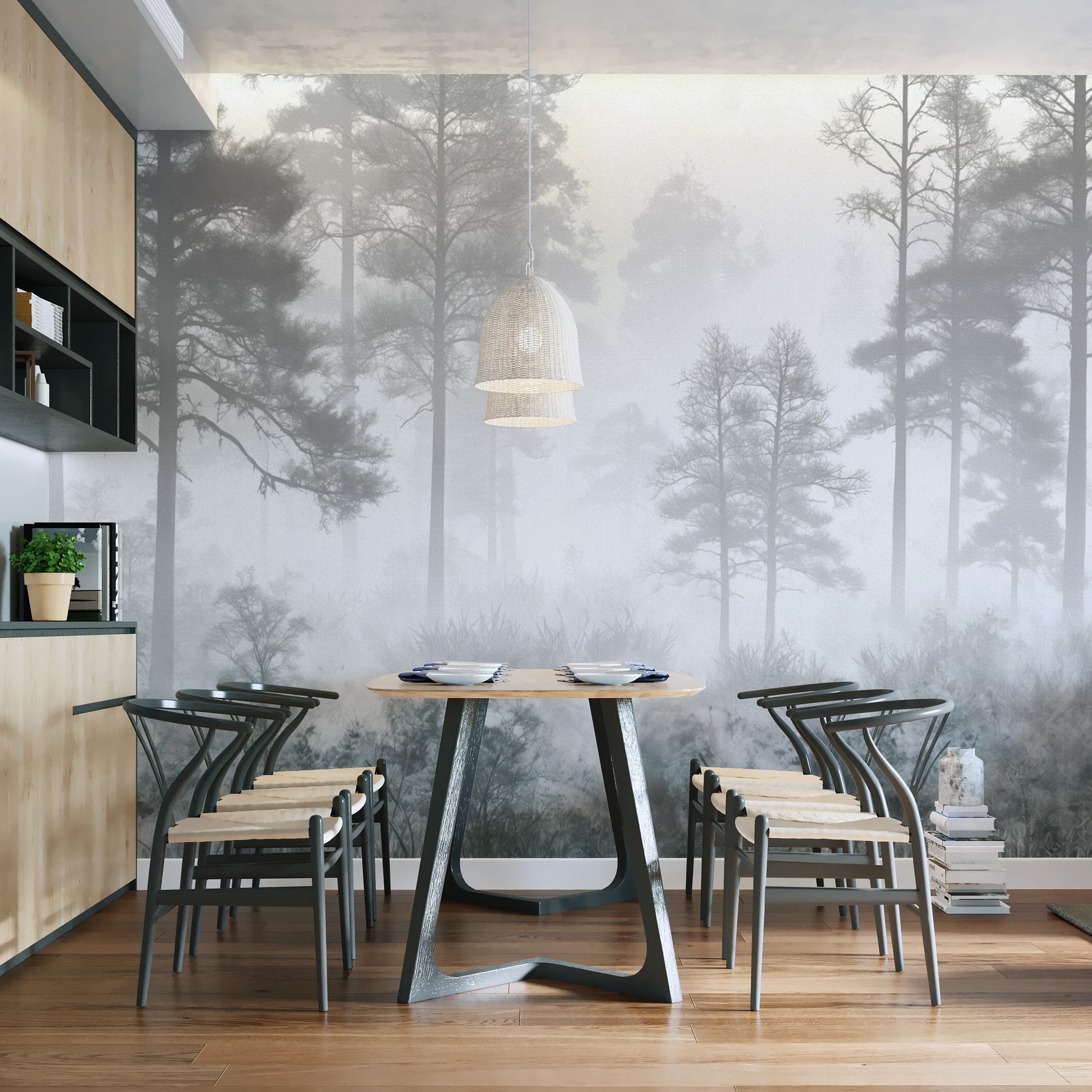 Soft grayscale misty woodland wallpaper mural for walls
