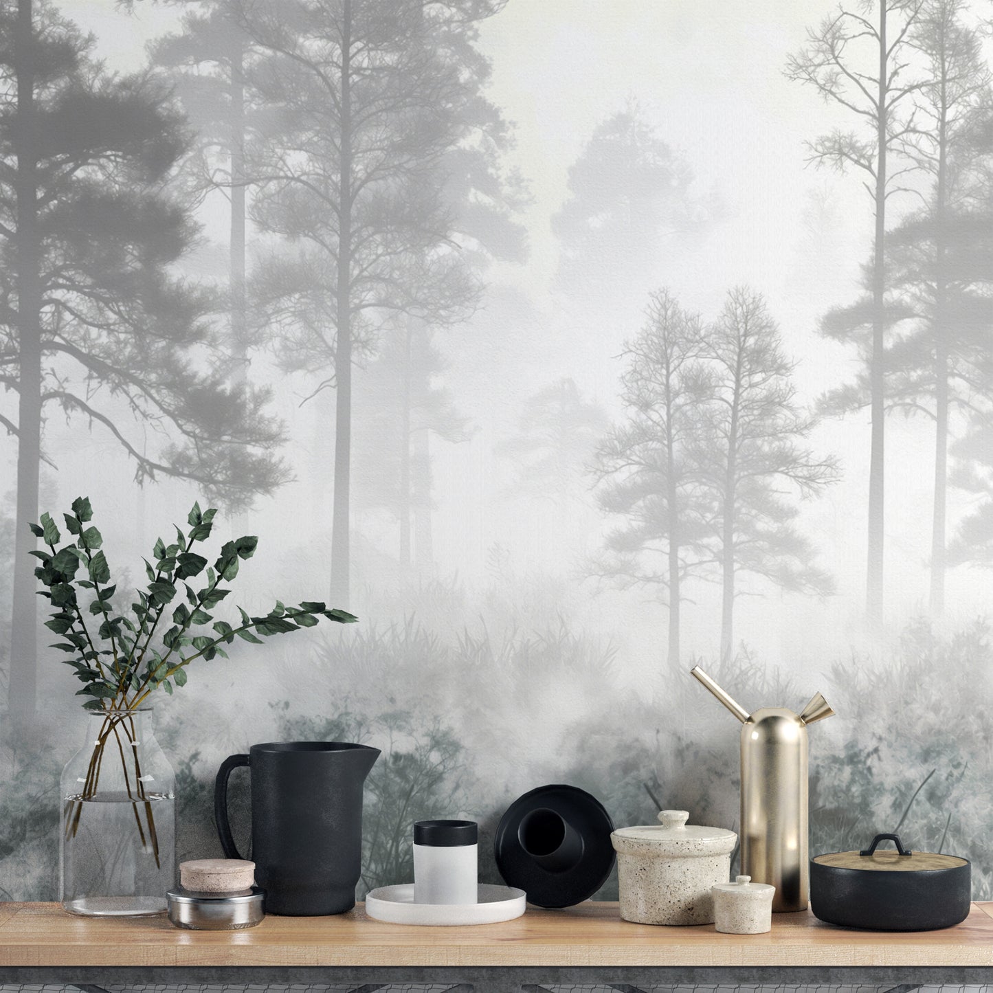 Tranquil pine forest in mist wallpaper mural for rooms
