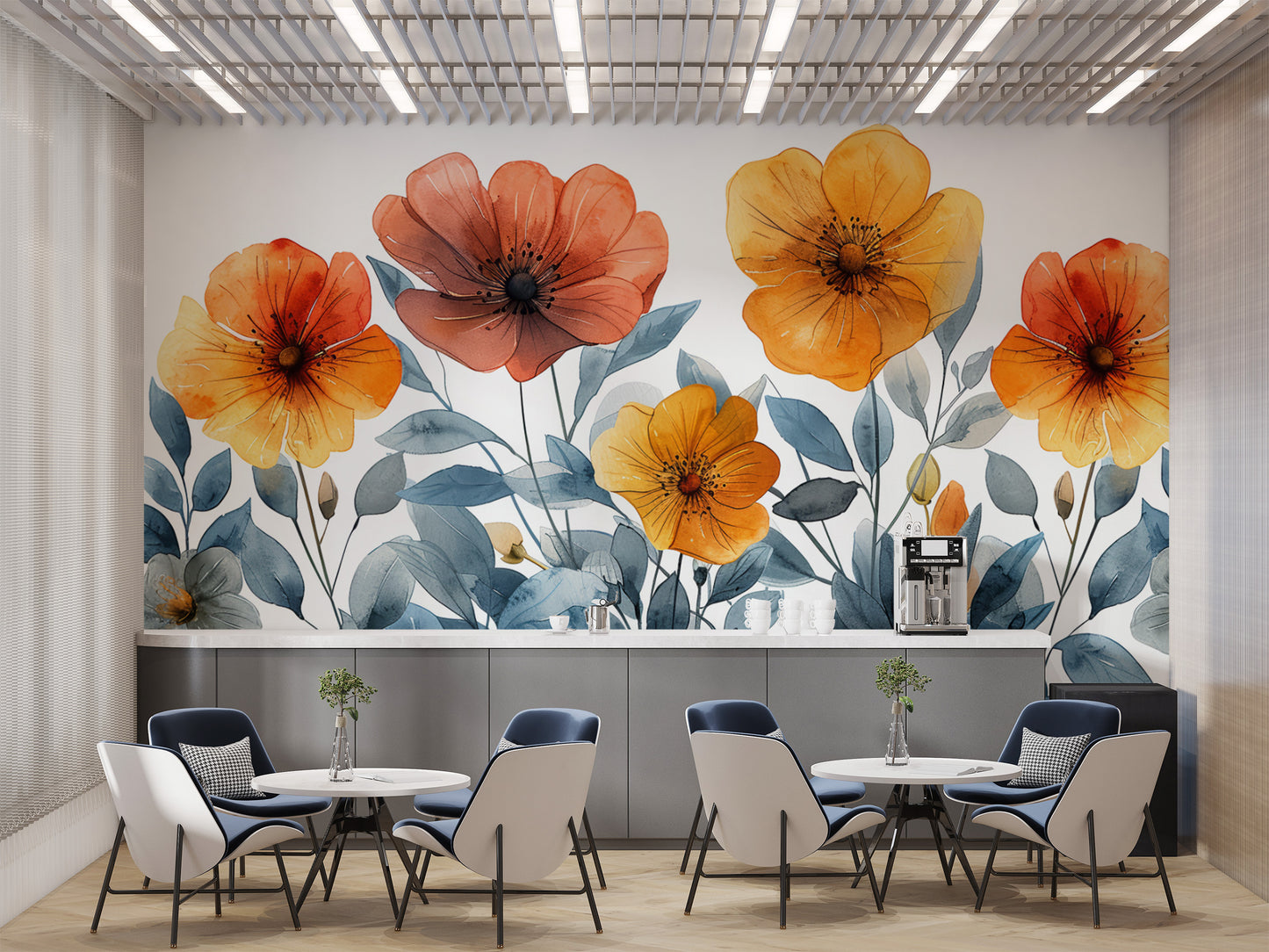 Sophisticated botanical wall mural with artistic florals
