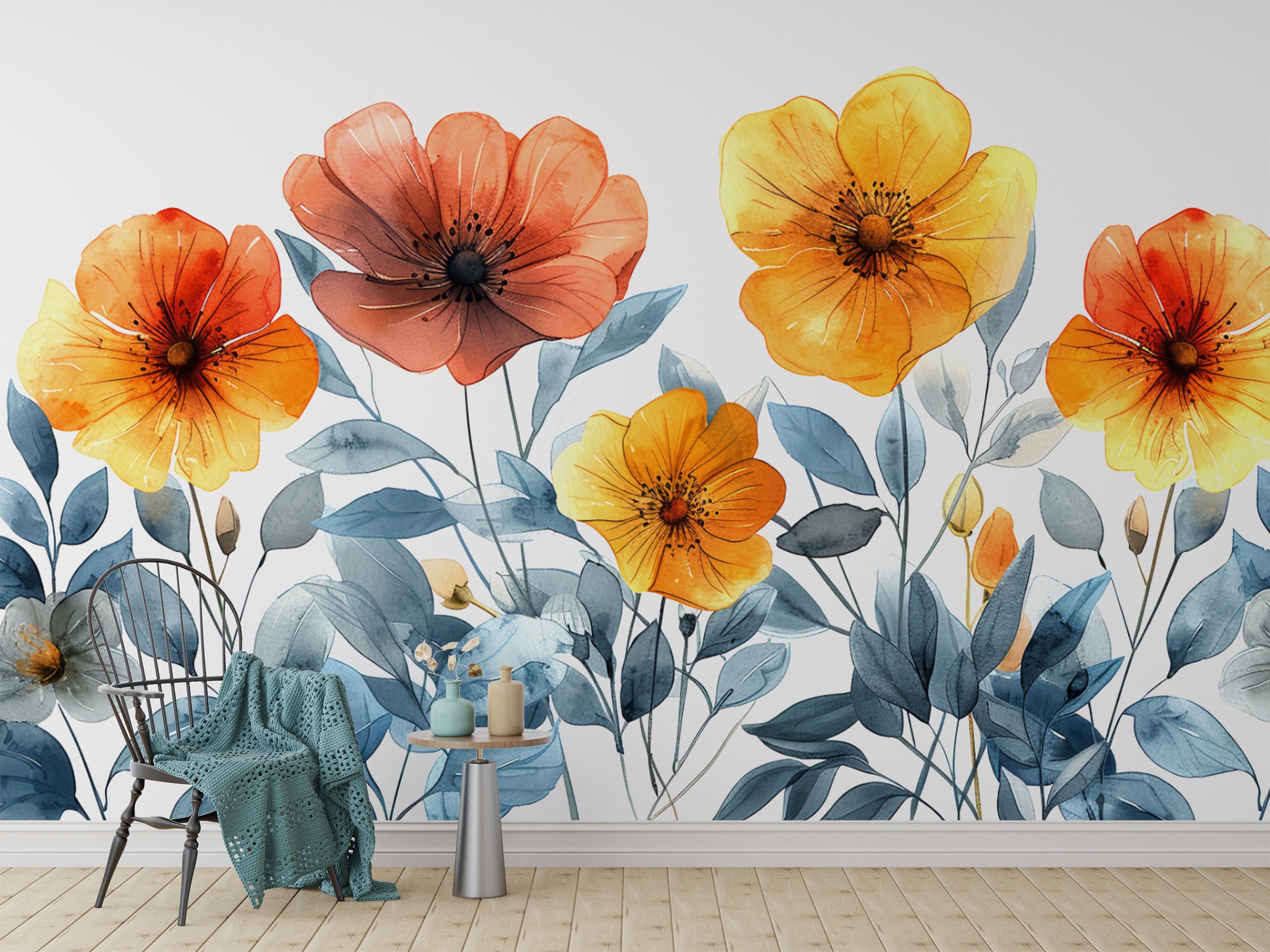 Contemporary floral watercolor wallpaper for elegant walls