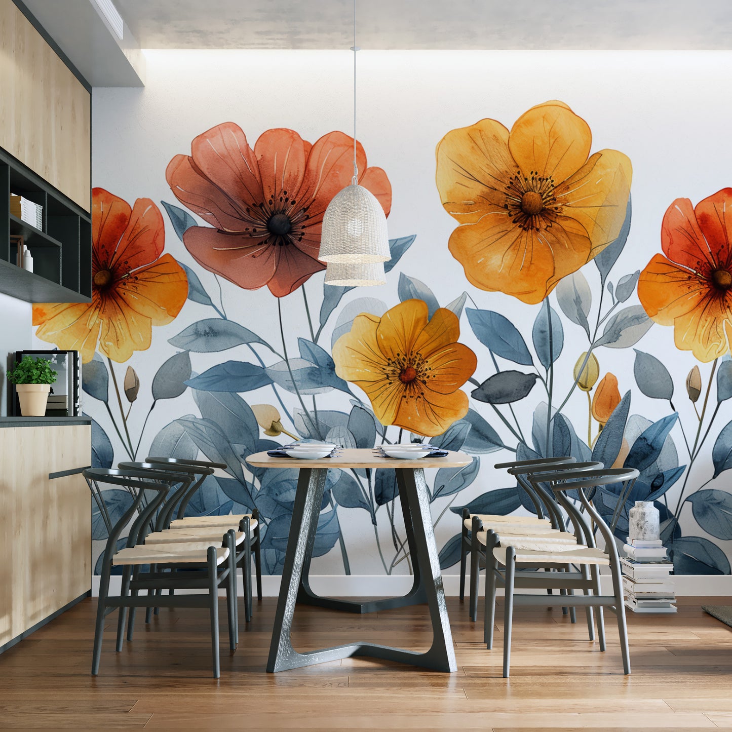 Elegant watercolor floral wall mural with orange blooms
