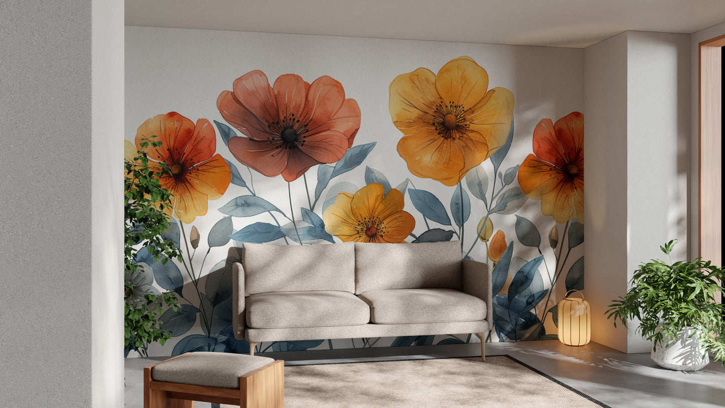 Hand-painted floral watercolor wall mural for interiors
