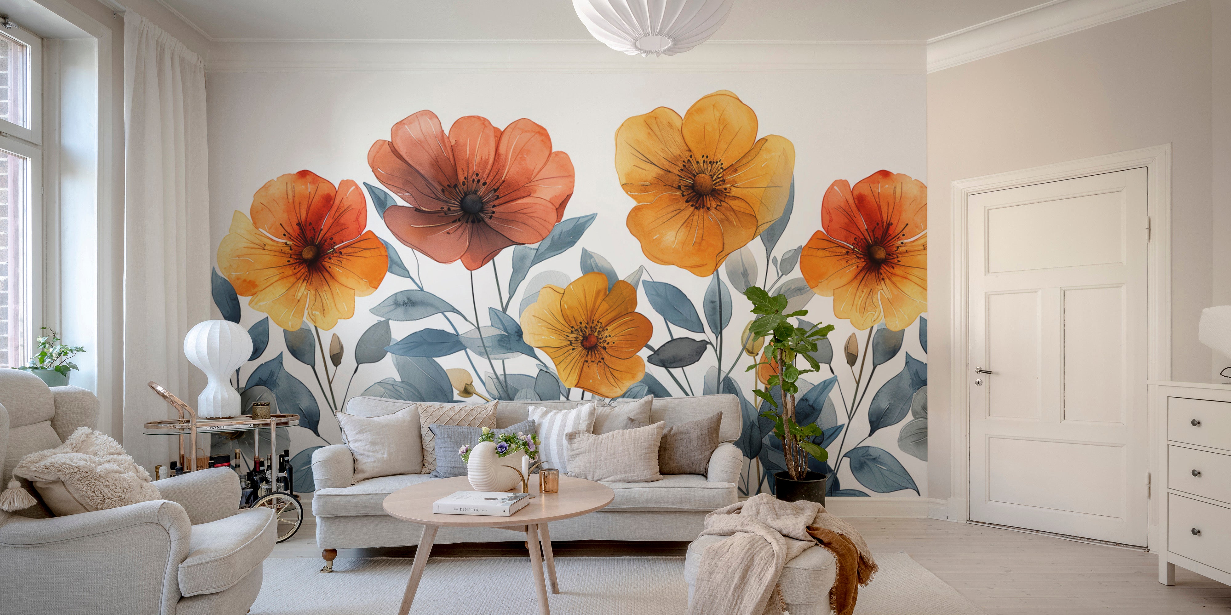 Modern botanical wallpaper in blue and orange hues
