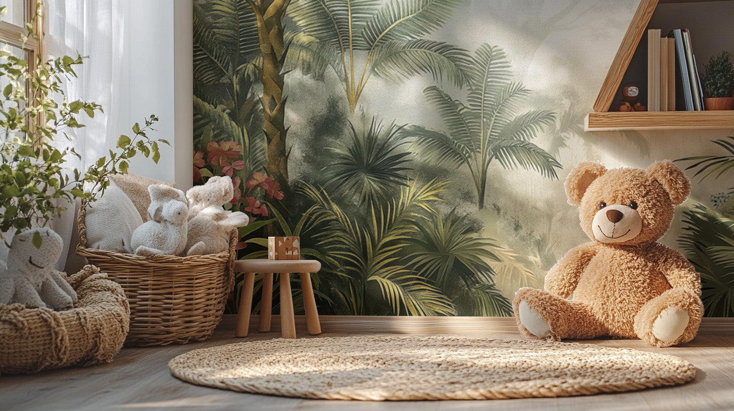 Tropical paradise wall mural with watercolor greenery
