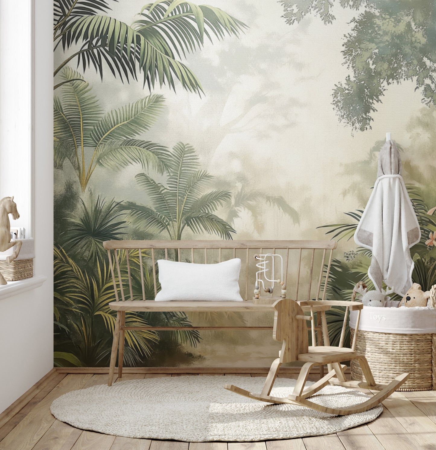 Lush jungle wallpaper with tropical plants and flowers
