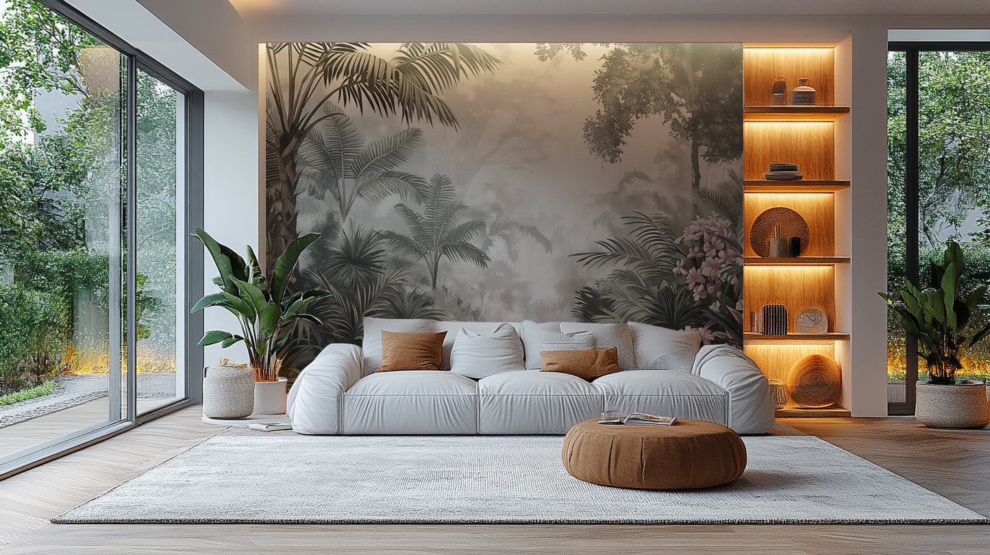 Serene tropical jungle wallpaper with hand-painted look
