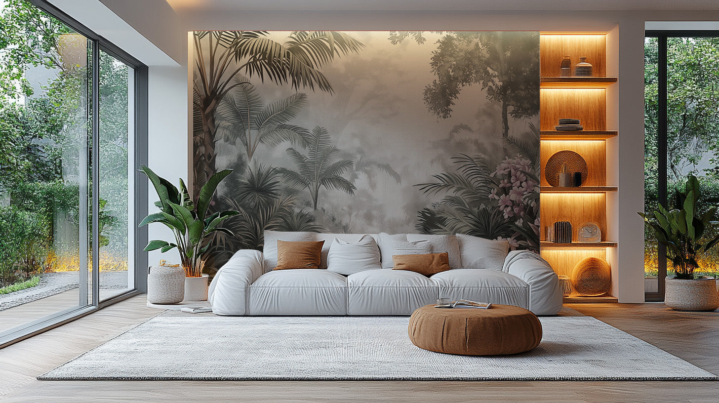 Serene tropical jungle wallpaper with hand-painted look
