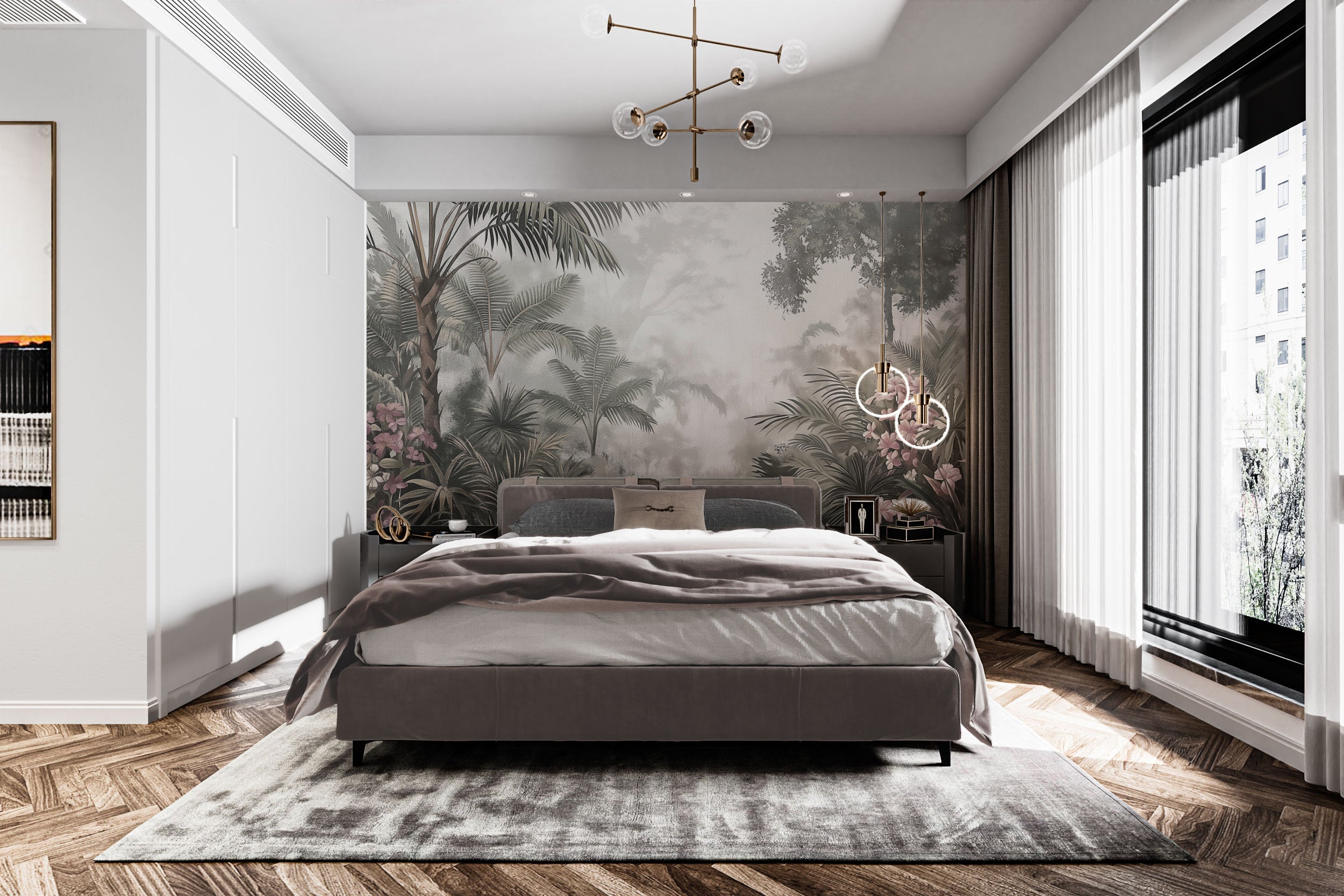 Nature-inspired tropical wall mural with misty foliage




