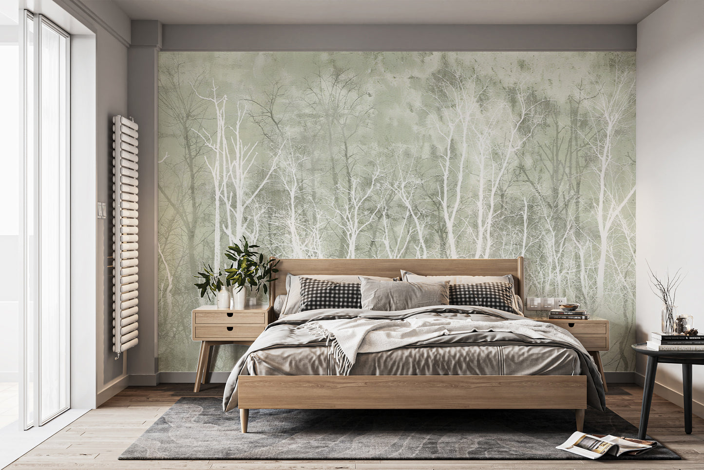 Serene green wall mural featuring delicate tree silhouettes
