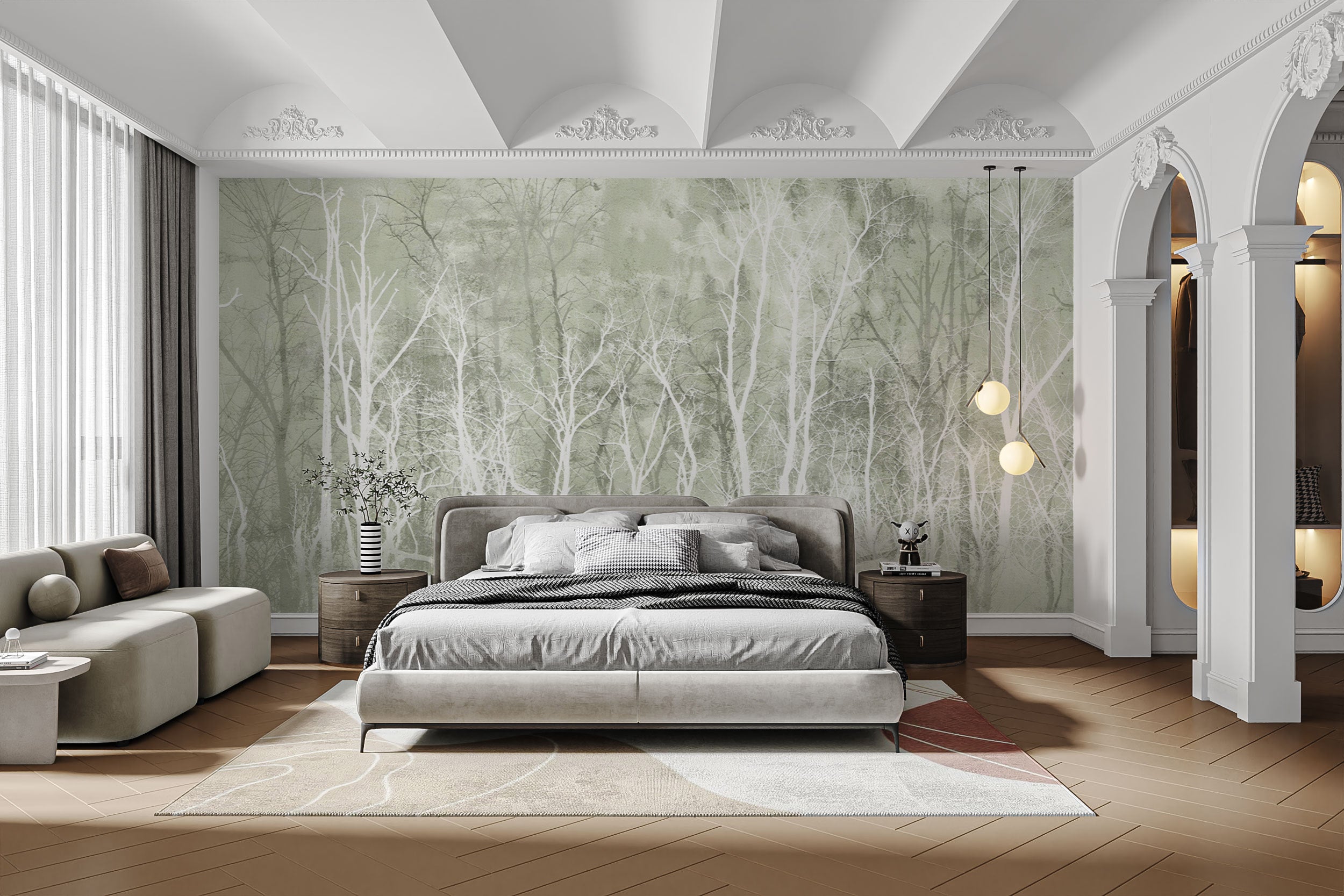 Forest-inspired green wall mural for a natural touch
