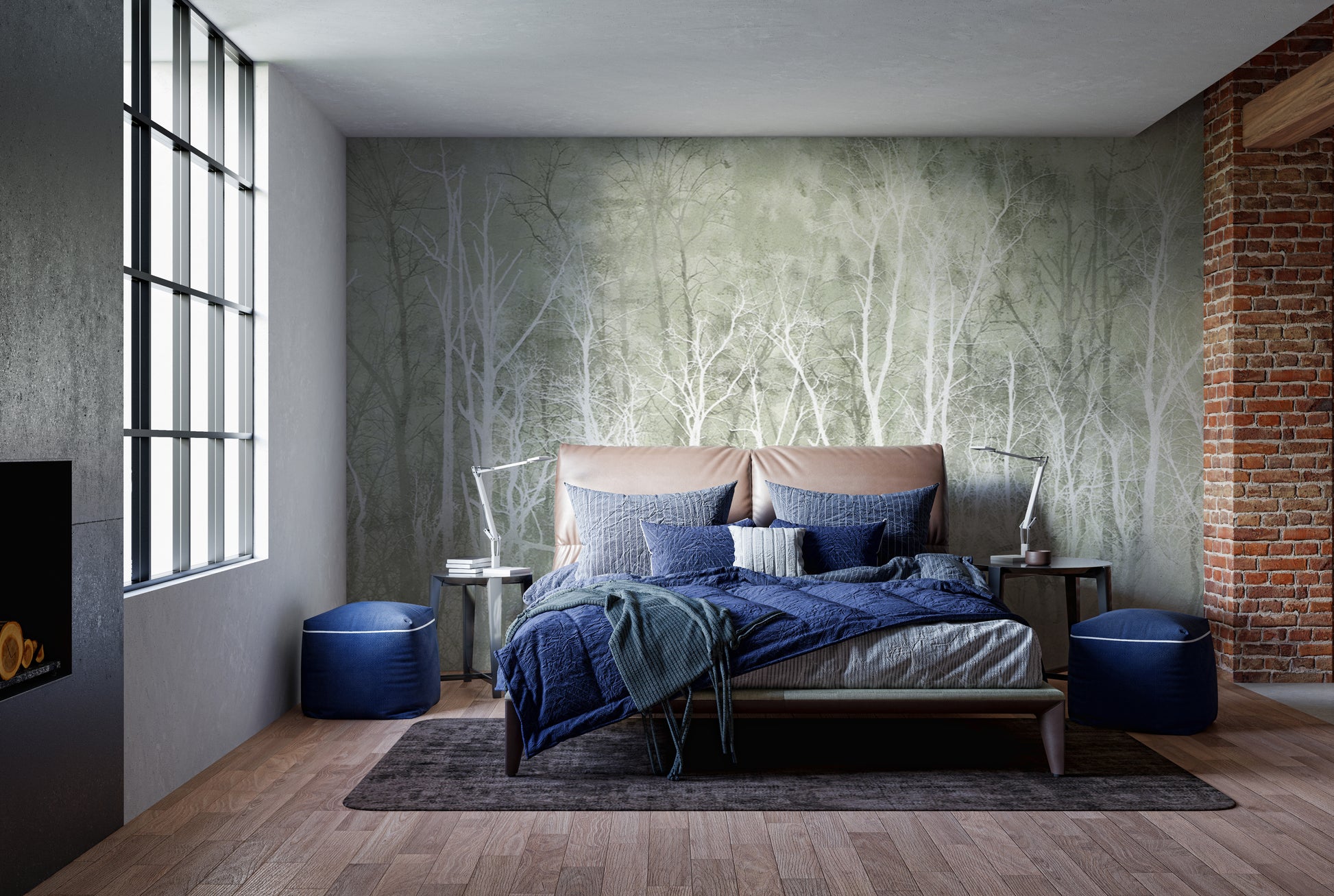 Calming green wall design with layered tree patterns
