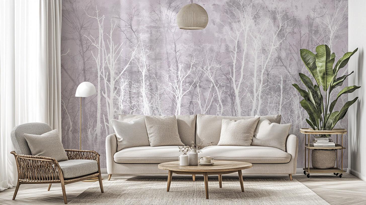 Soft pink tree wallpaper with elegant, delicate bare trees
