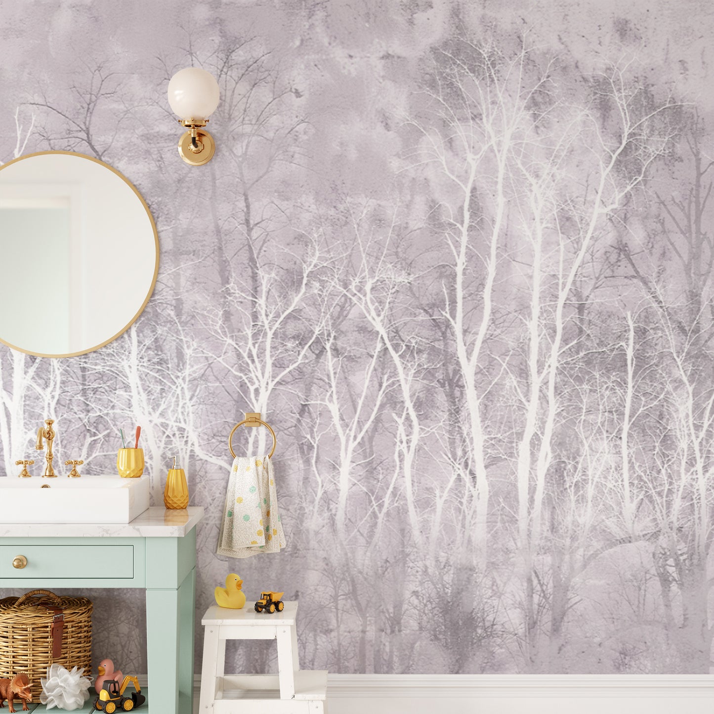 Vintage nature wallpaper with a dreamy misty woodland design
