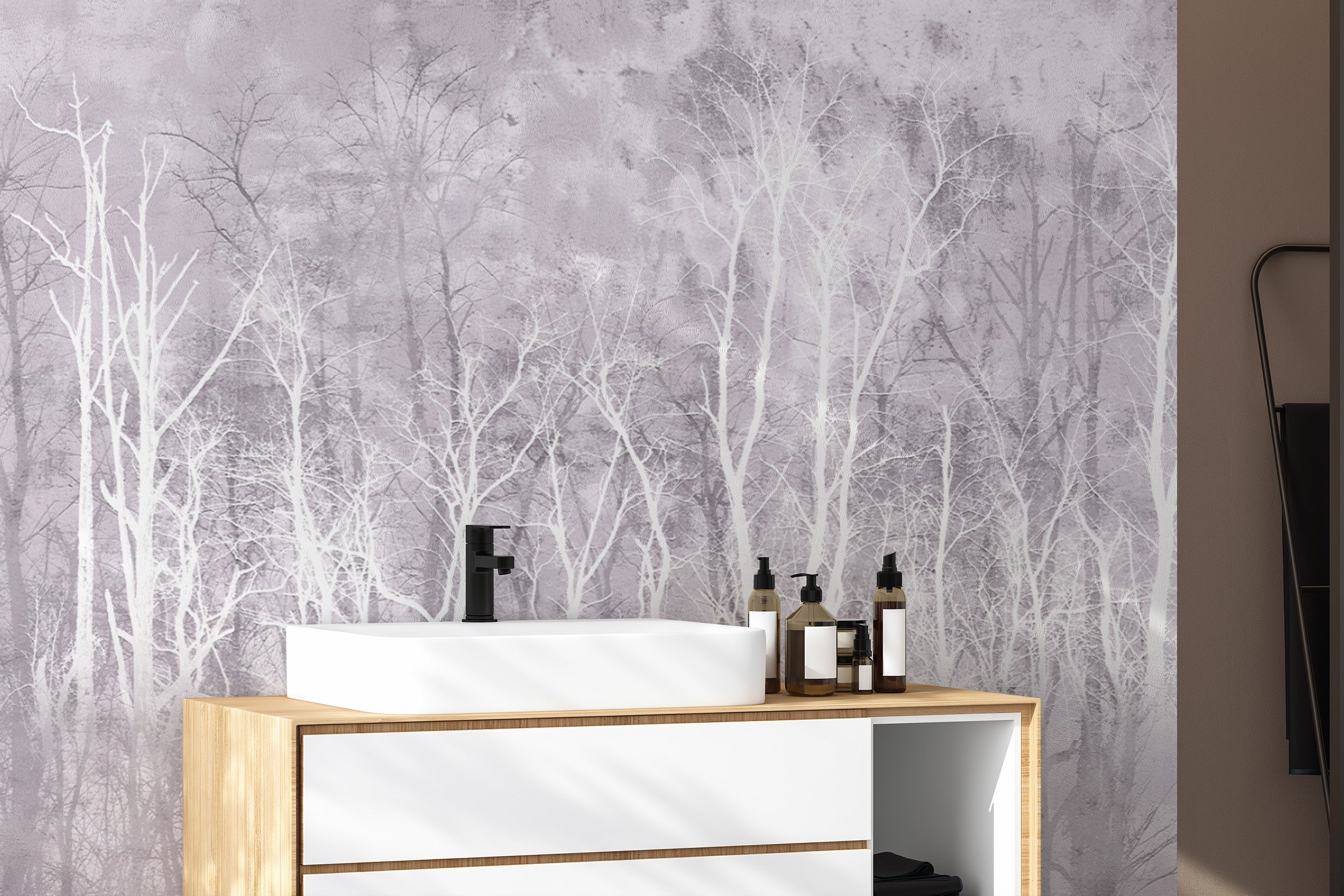 Textured forest wall mural with ethereal, neutral hues
