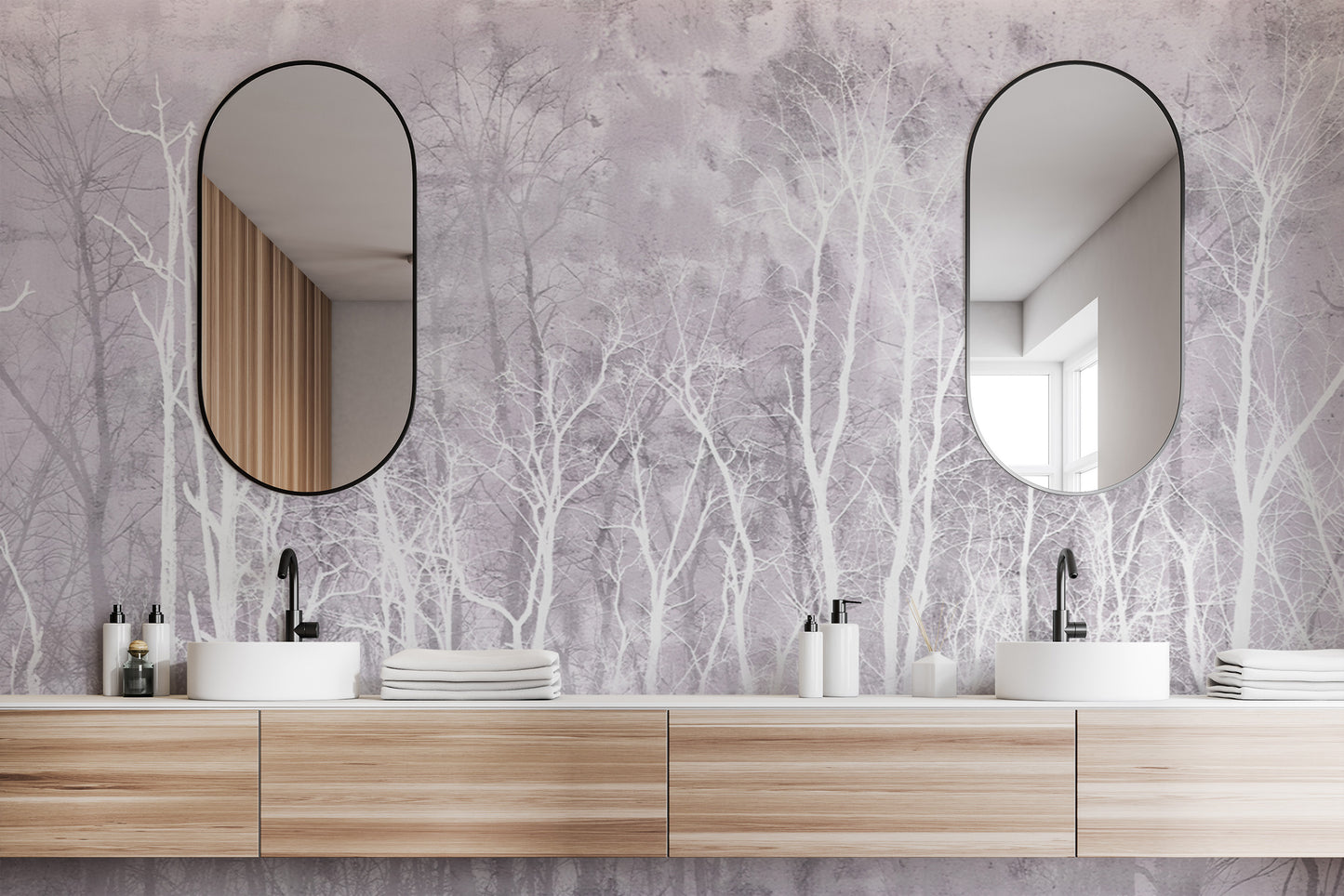 Misty woodland scene with tree silhouettes in soft shades




