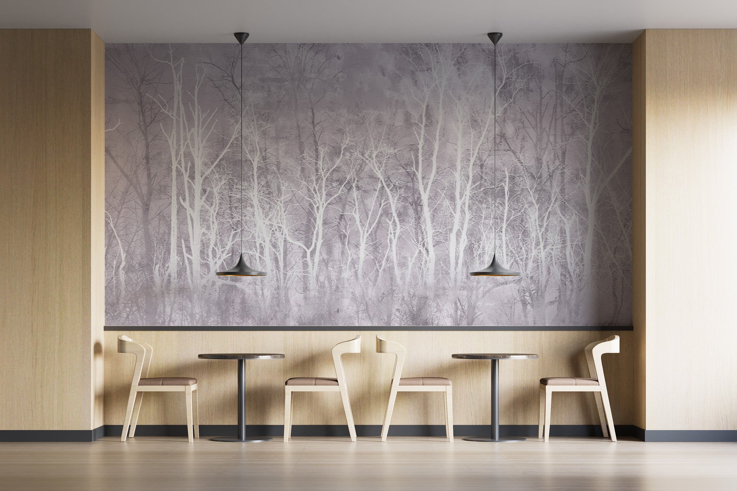 Misty Winter Forest Wall Mural with soft tree silhouettes
