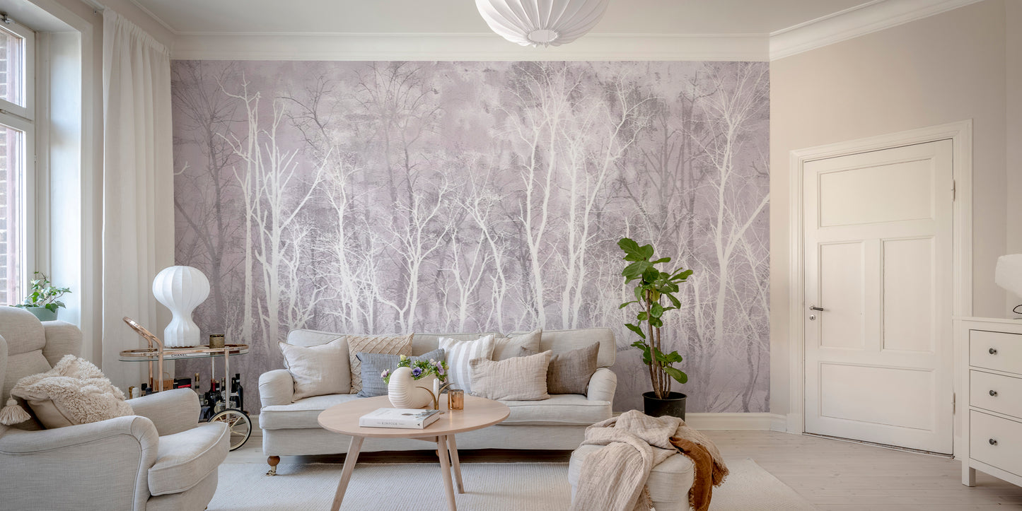 Winter forest wall mural in a muted pastel color palette
