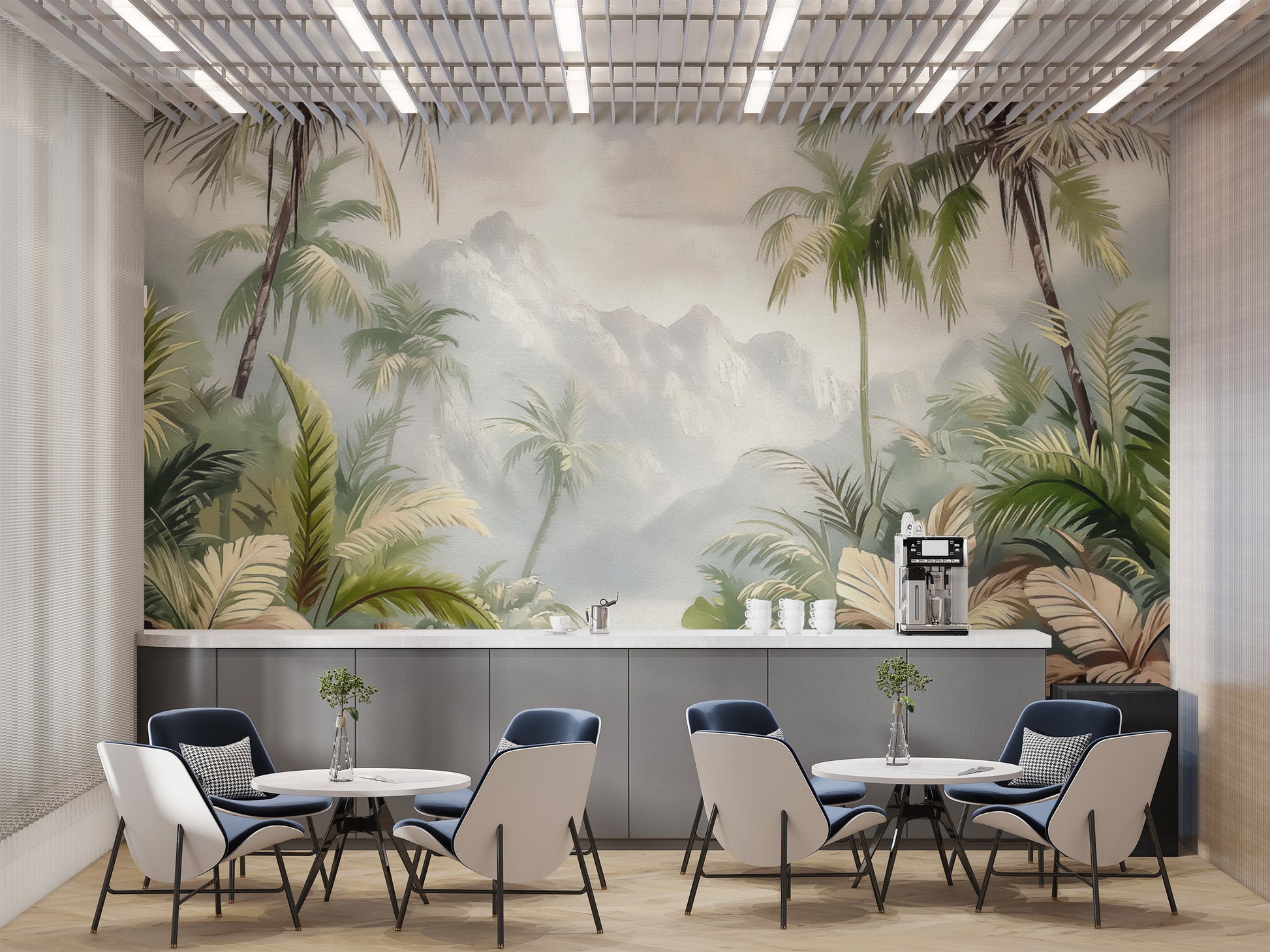 Serene rainforest wall mural with lush botanical elements
