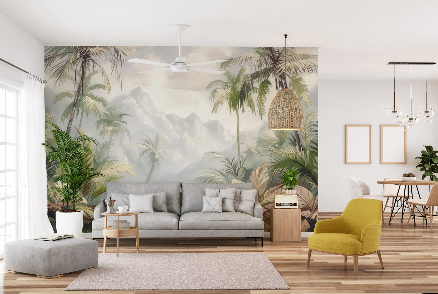 Botanical jungle mural featuring misty mountain scenery
