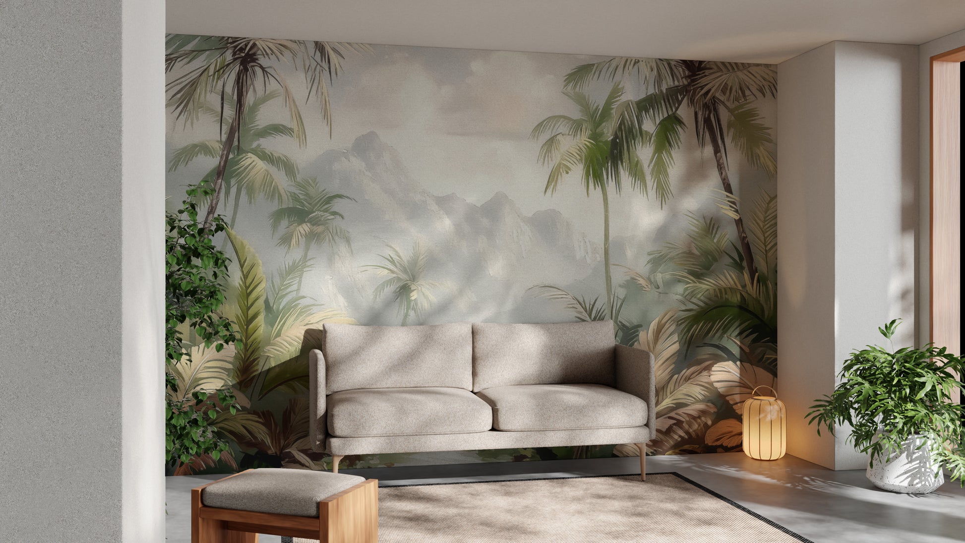 Palm tree wallpaper mural with serene tropical landscape
