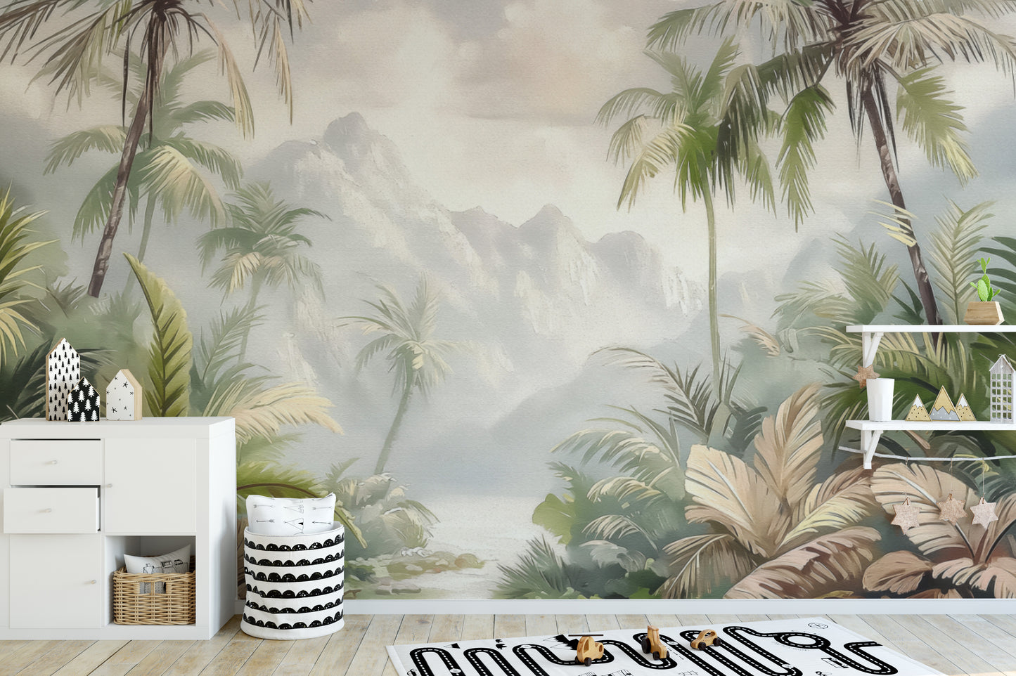 Tropical jungle wallpaper mural with soft watercolor tones
