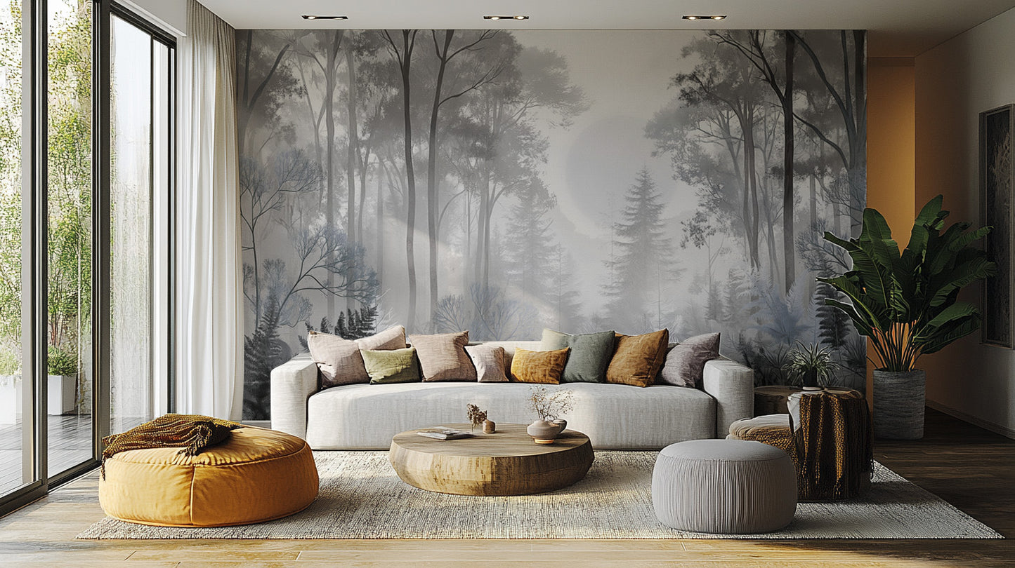 Misty Monochrome Forest Wallpaper Mural