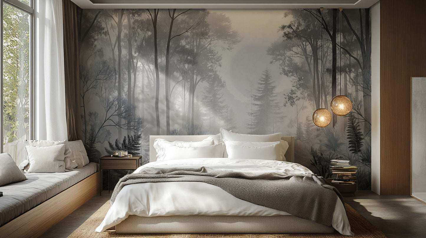 Misty Monochrome Forest Wallpaper Mural