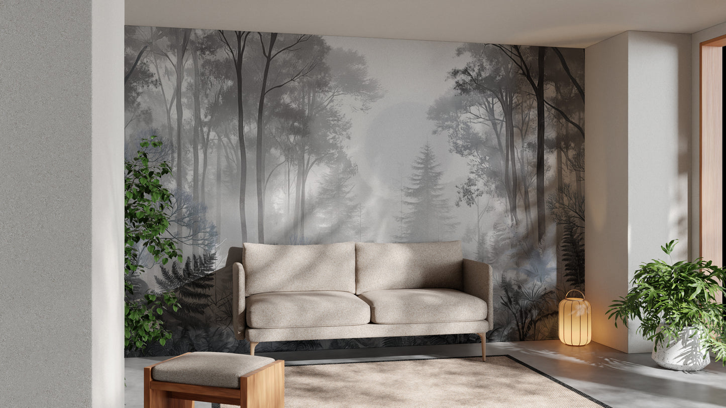 Misty Monochrome Forest Wallpaper Mural