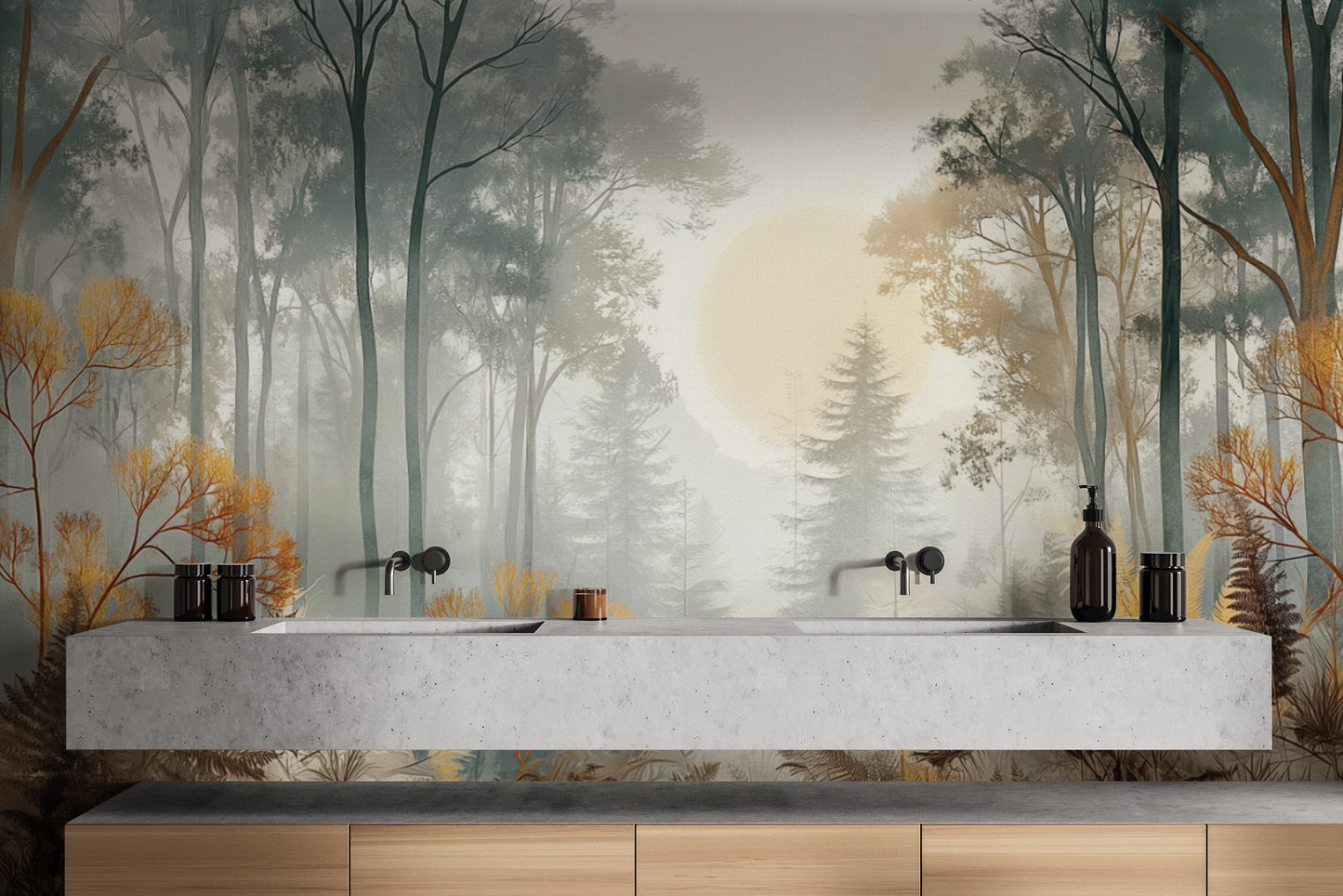 Misty Sunlit Forest Wallpaper Mural